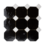 Moroccan Zellige Black Octagon Mosaic with Snow White dots