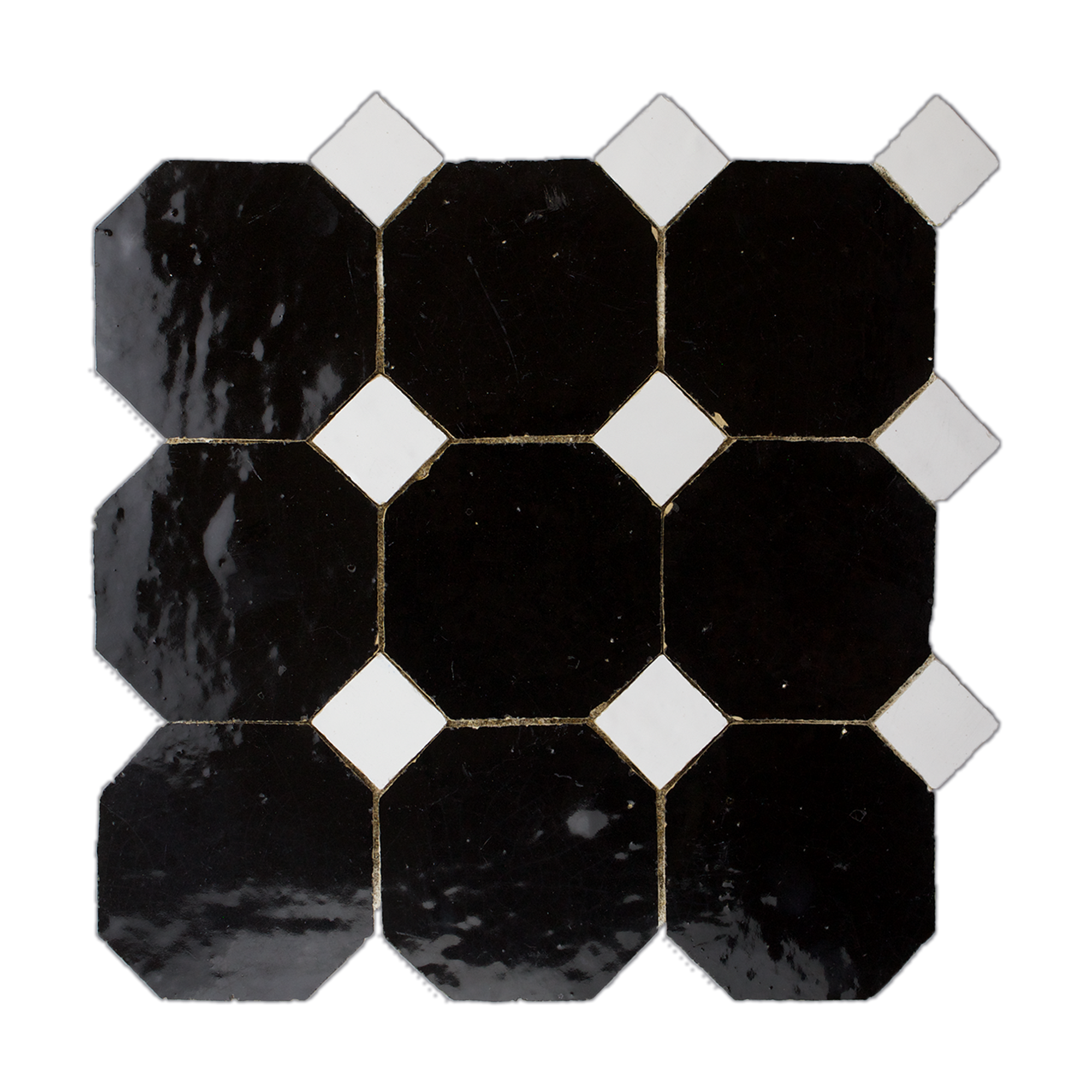 Moroccan Zellige Black Octagon Mosaic with Snow White dots