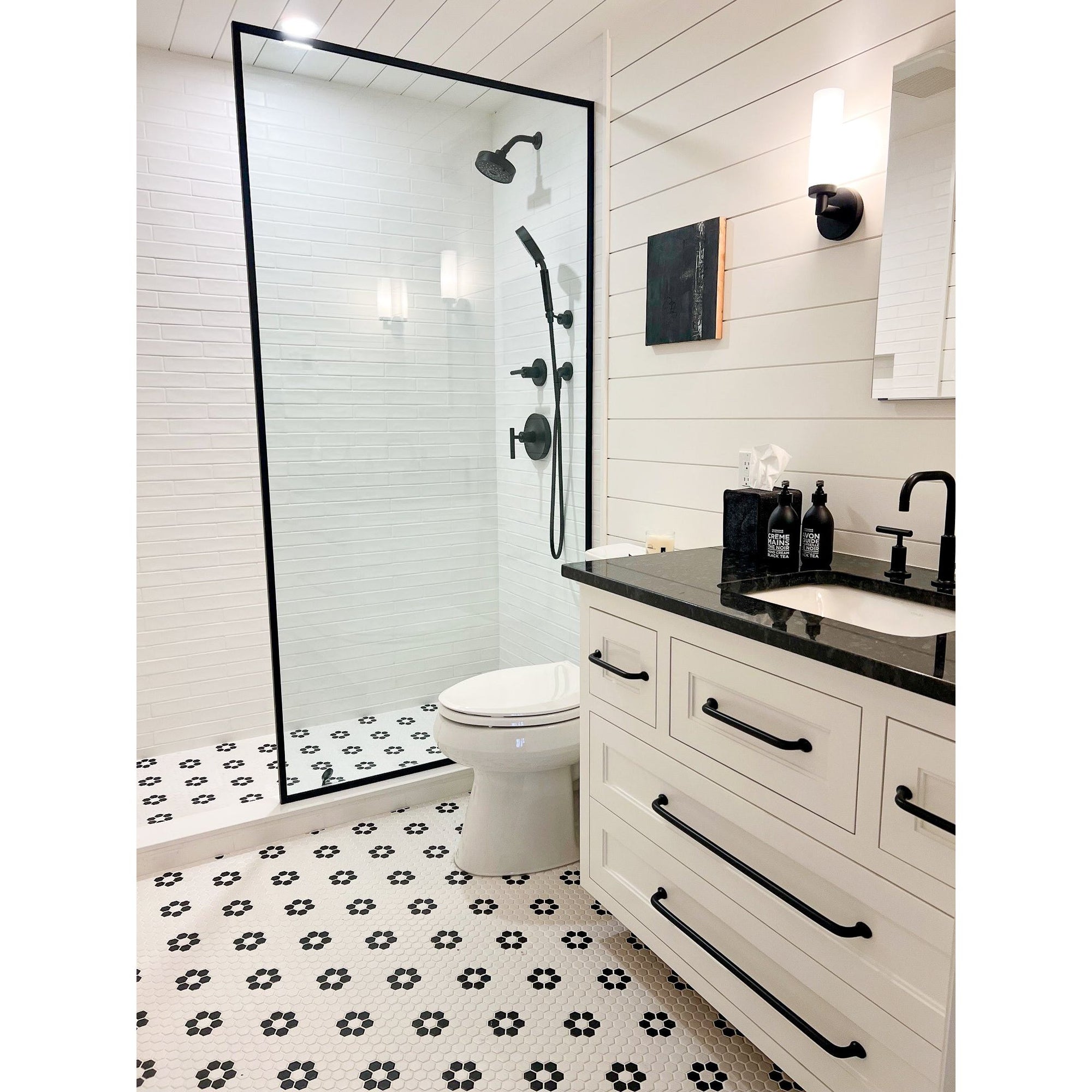 Metro Hex Glossy White with Black Flower Porcelain Mosaic Tile