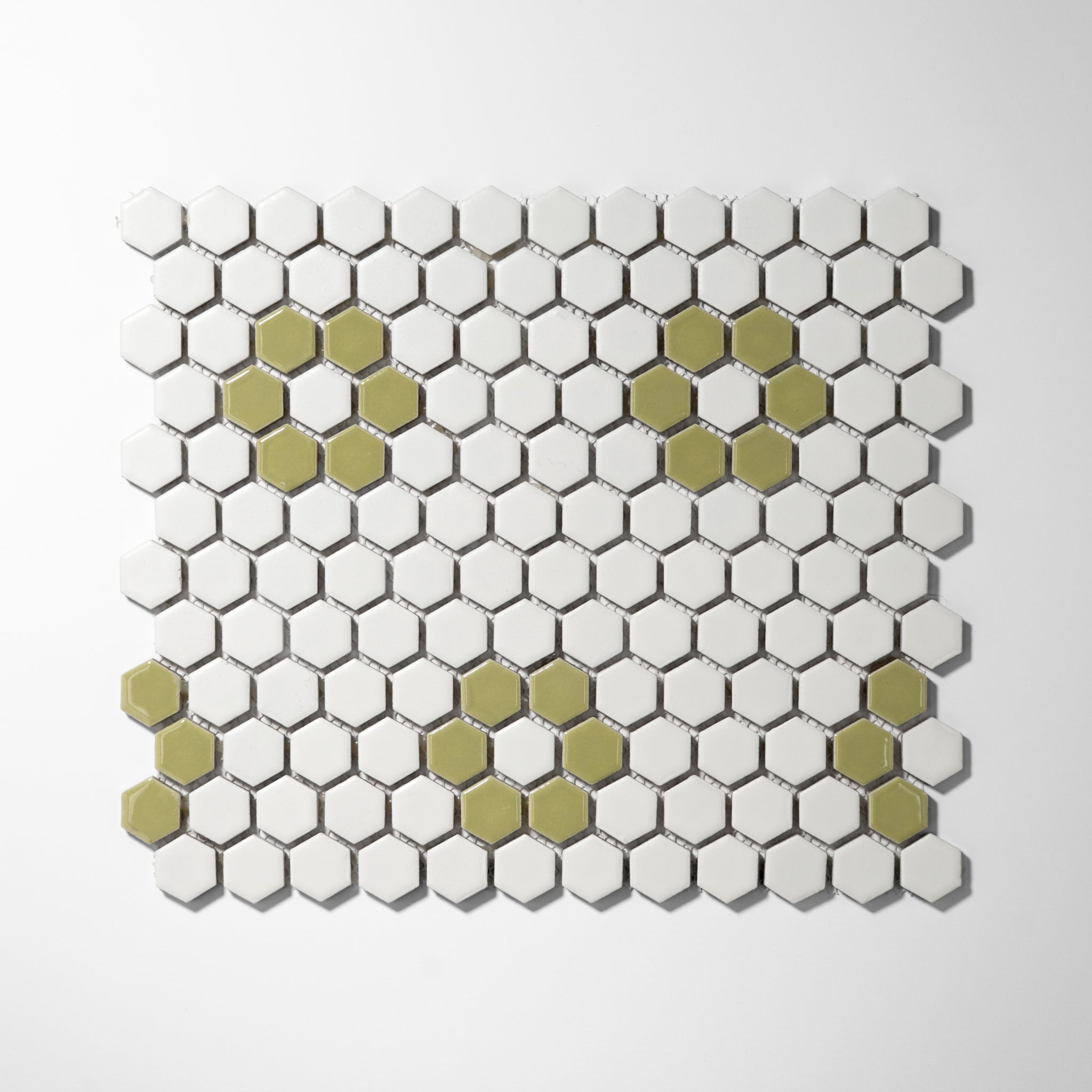 Metro Hex Matte White with Glossy Green Flower Porcelain Mosaic Tile