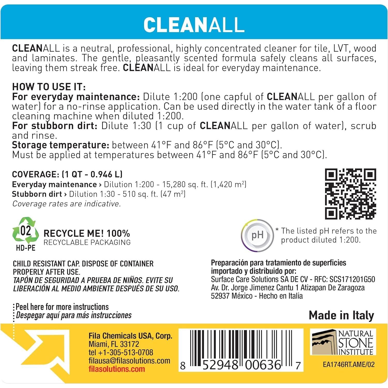 FILA Clean All - Neutral All Surface Cleaner - 1 Qt (15,280 sq. ft) - Cemento Collection