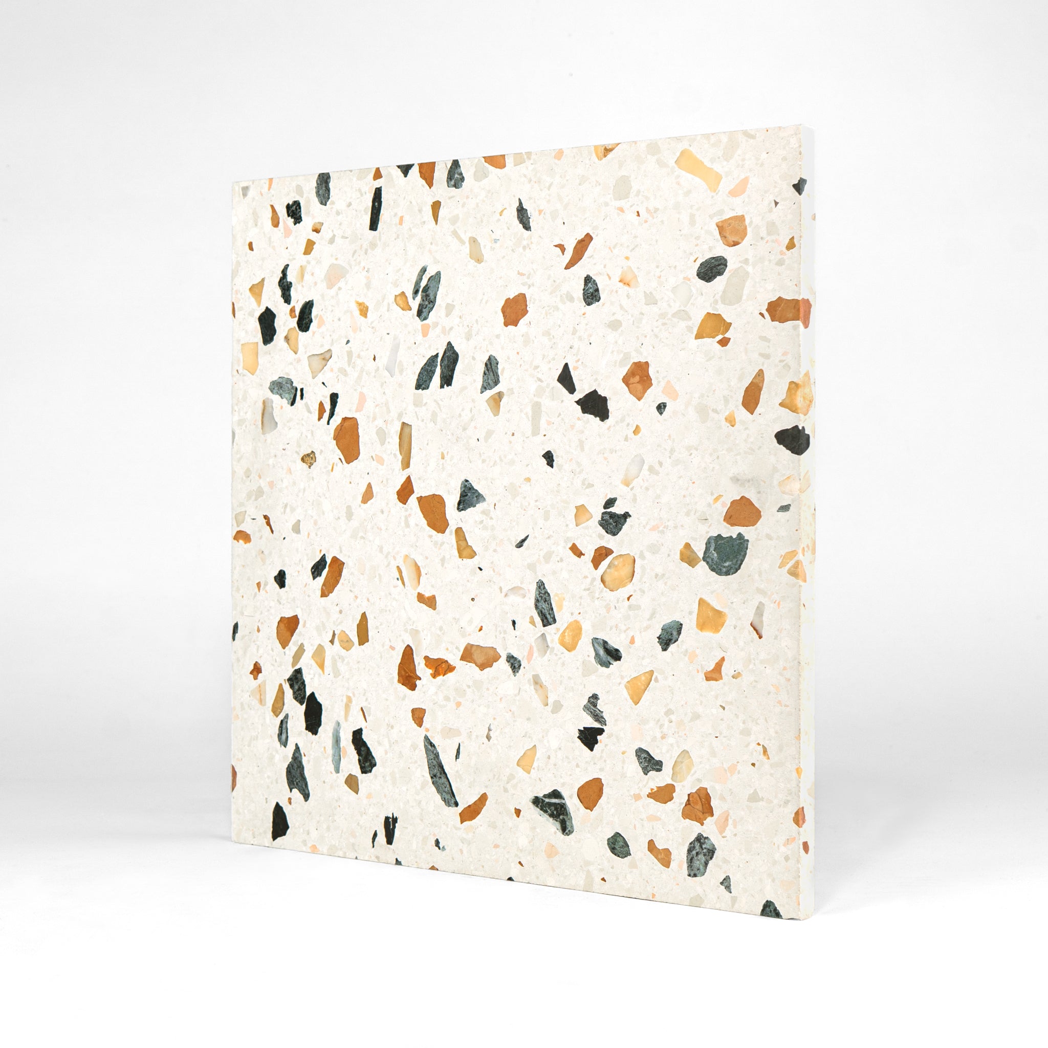 tan, orange, green terrazzo tile