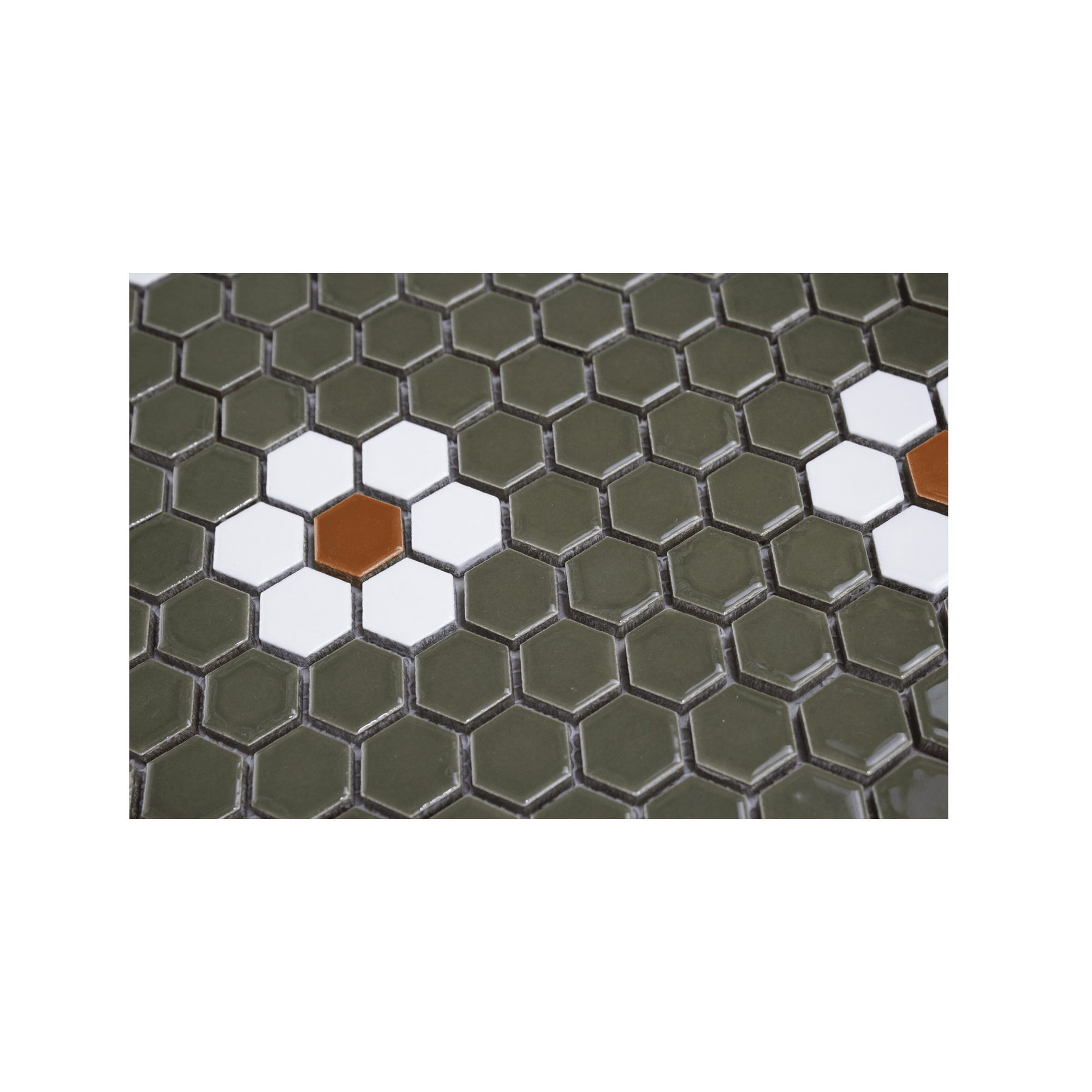 Metro Hex Glossy Green with White Flower Porcelain Mosaic Tile - Cemento Collection