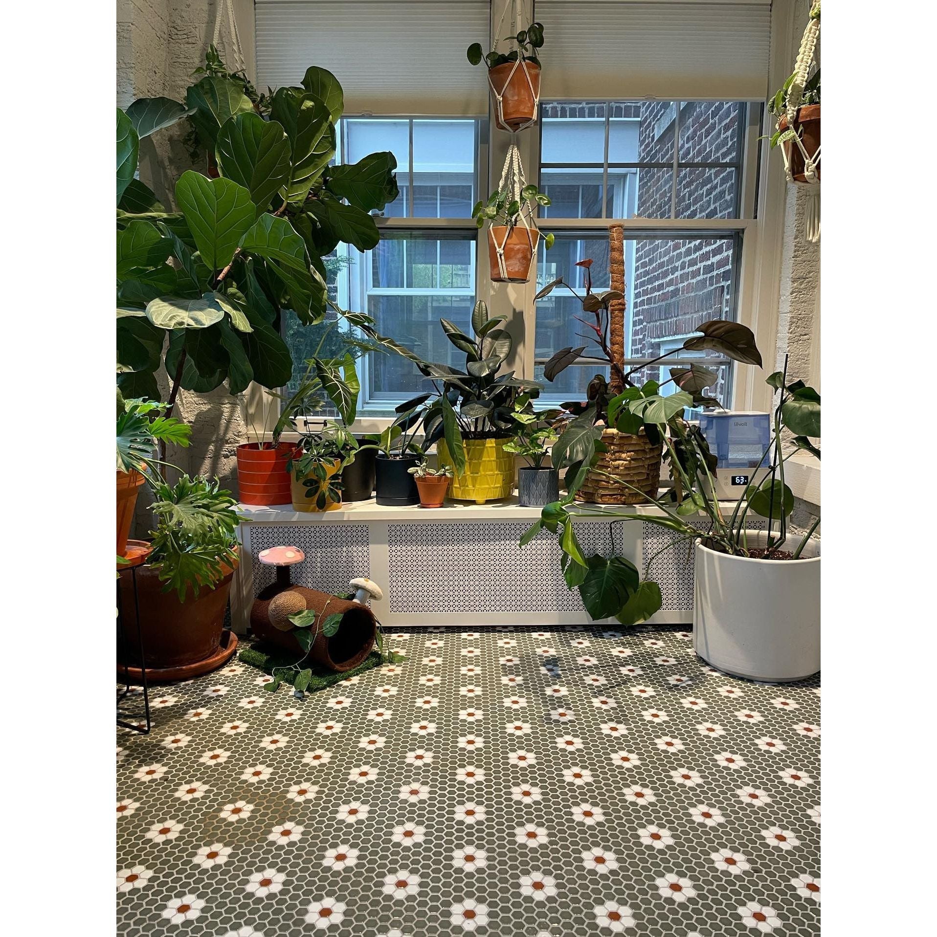 Metro Hex Glossy Green with White Flower Porcelain Mosaic Tile - Cemento Collection