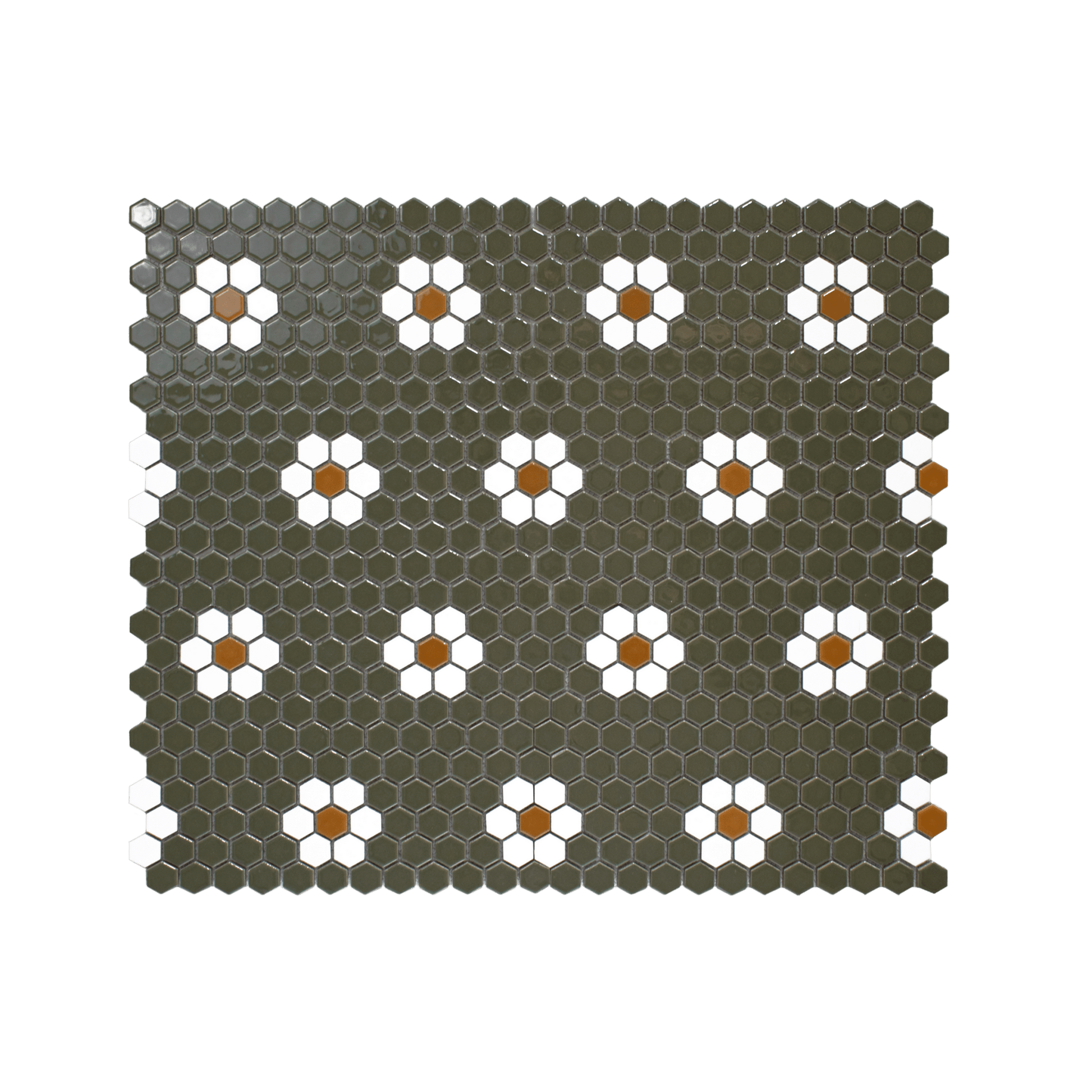 Metro Hex Glossy Green with White Flower Porcelain Mosaic Tile - Cemento Collection