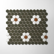 Metro Hex Glossy Green with White Flower Porcelain Mosaic Tile - Cemento Collection