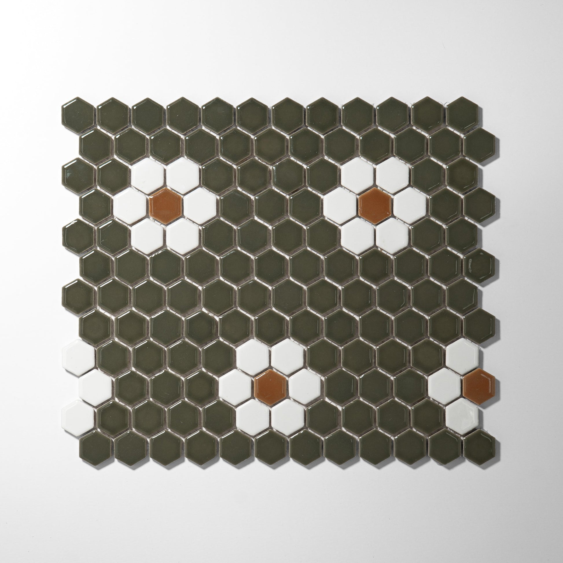 Metro Hex Glossy Green with White Flower Porcelain Mosaic Tile - Cemento Collection