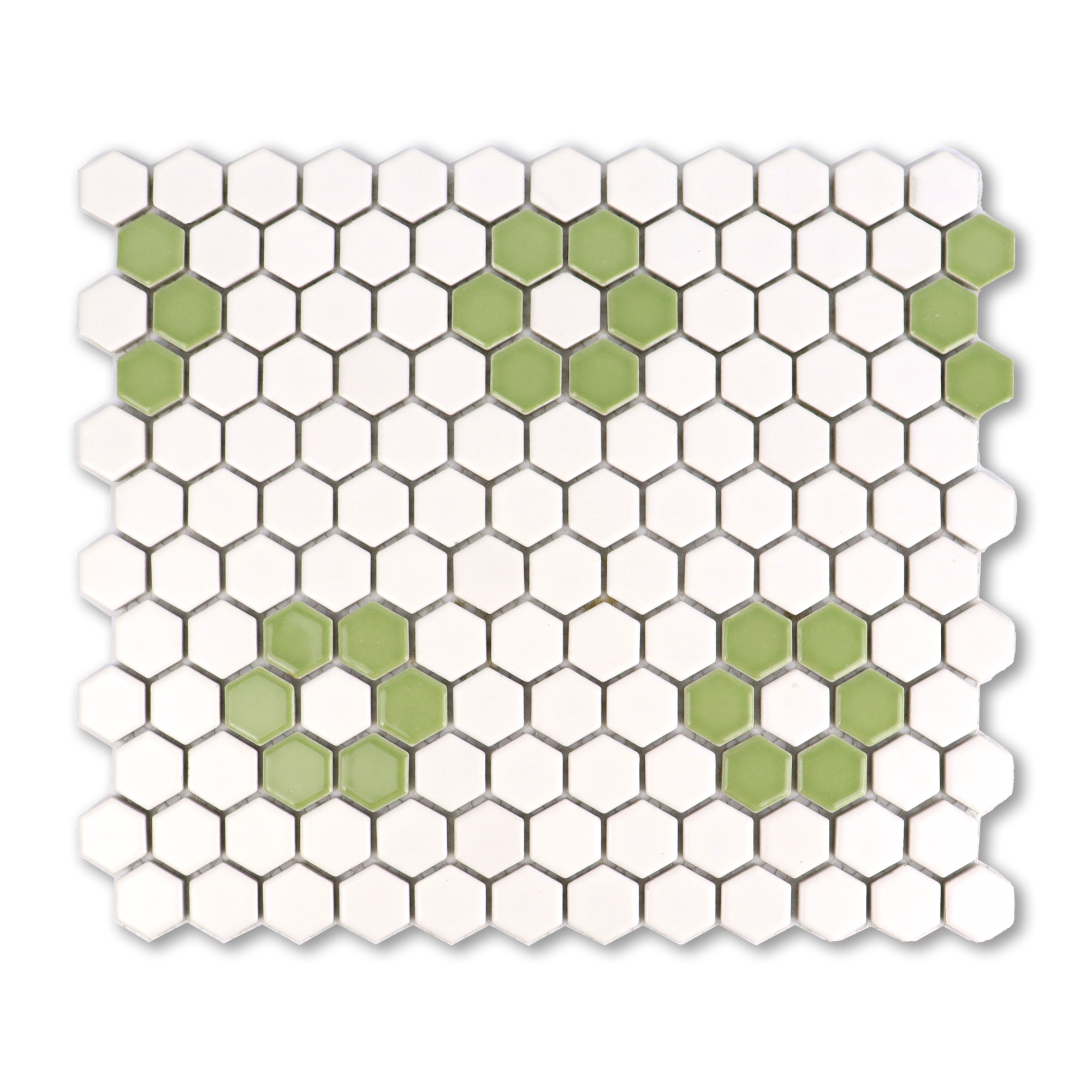 Metro Hex Matte White with Glossy Green Flower Porcelain Mosaic Tile