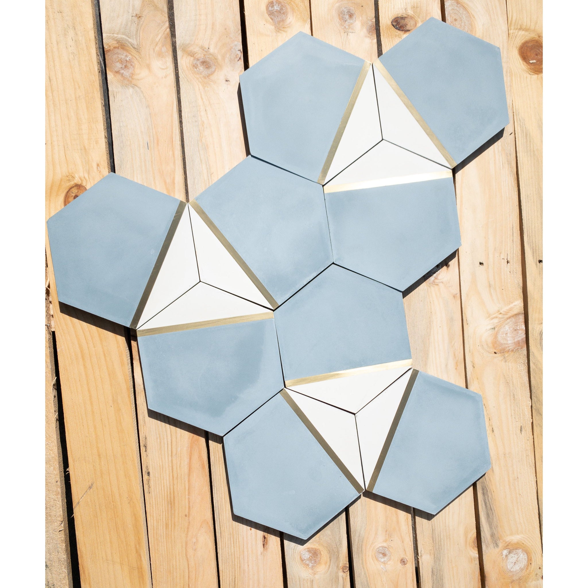 Pocket Square® Denim Blue Hexagon Cement Tile with Brass Inlay