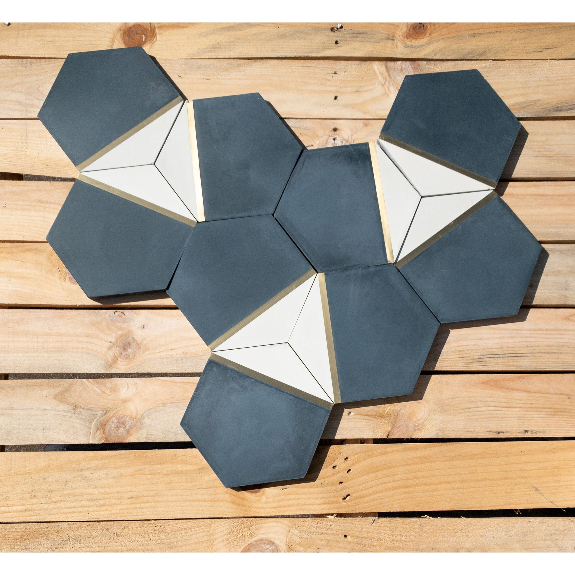 Pocket Square® Navy Blue Hexagon Cement Tile with Brass Inlay