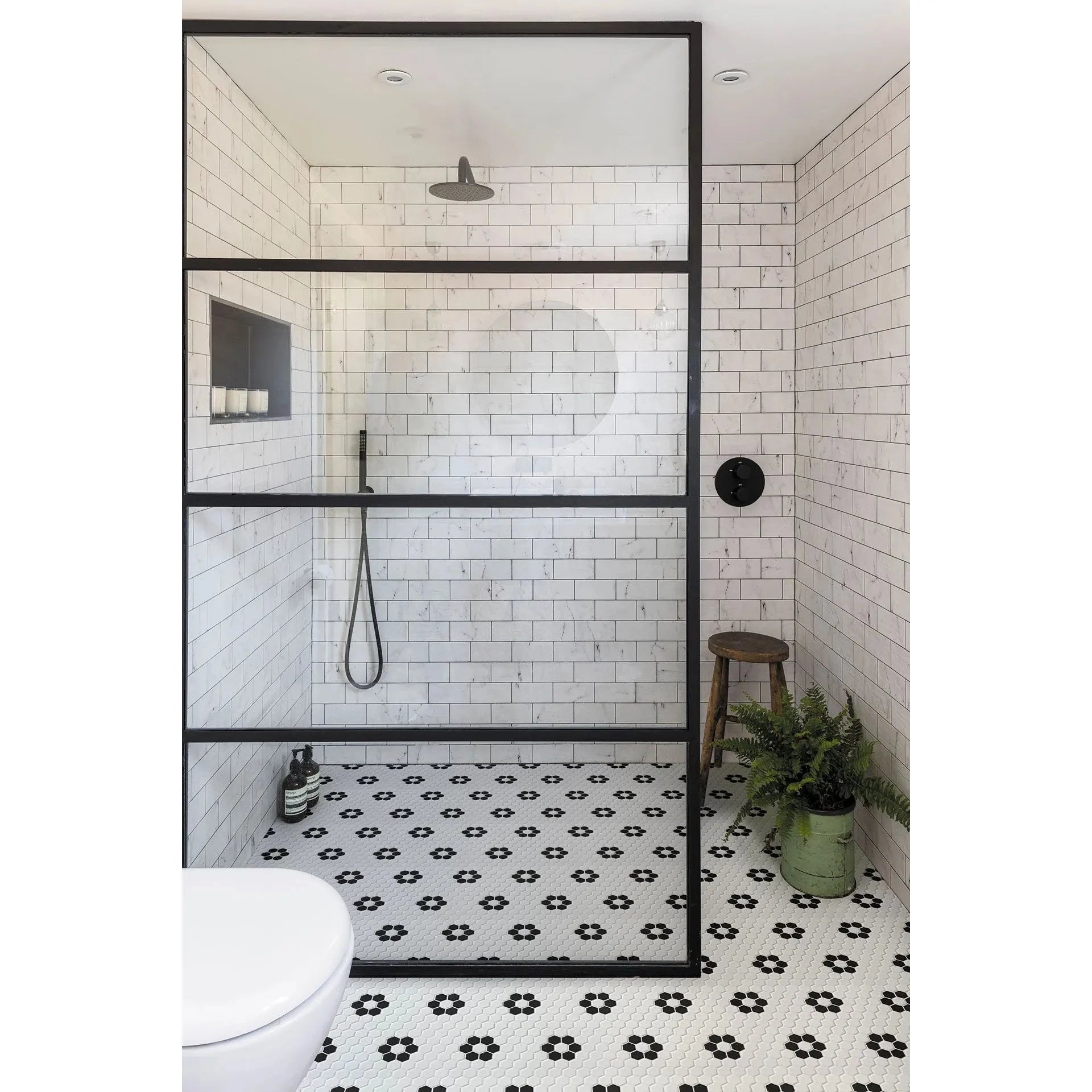 Metro Hex Matte White with Black Flower Porcelain Mosaic Tile