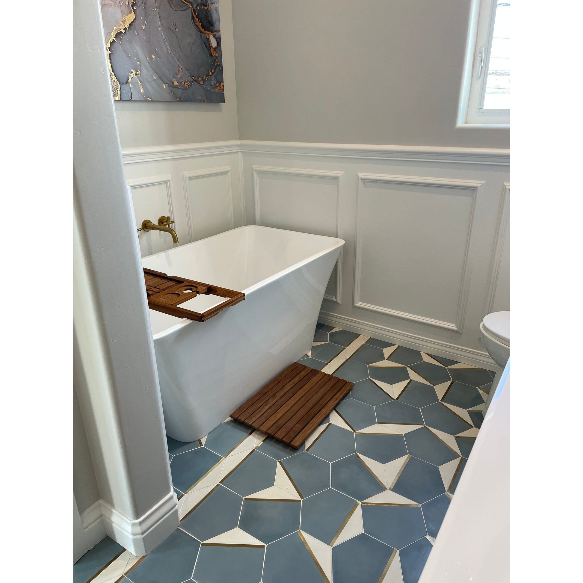 Pocket Square® Denim Blue Hexagon Cement Tile with Brass Inlay