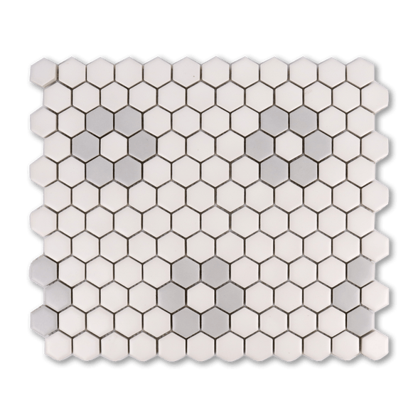 Metro Hex Matte White with Grey Flower Porcelain Mosaic Tile - Cemento Collection