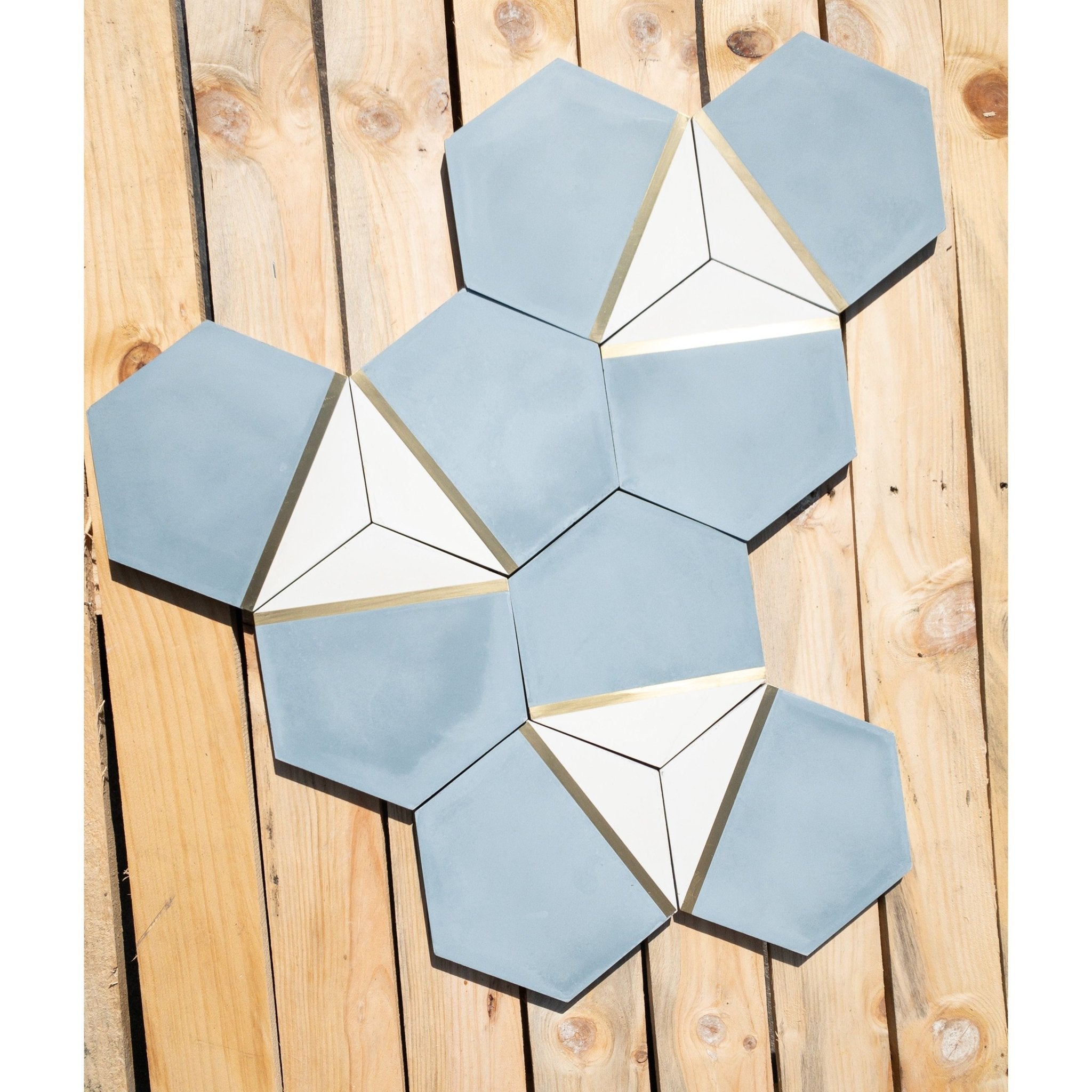 Pocket Square® Denim Blue Hexagon Cement Tile with Brass Inlay - Cemento Collection