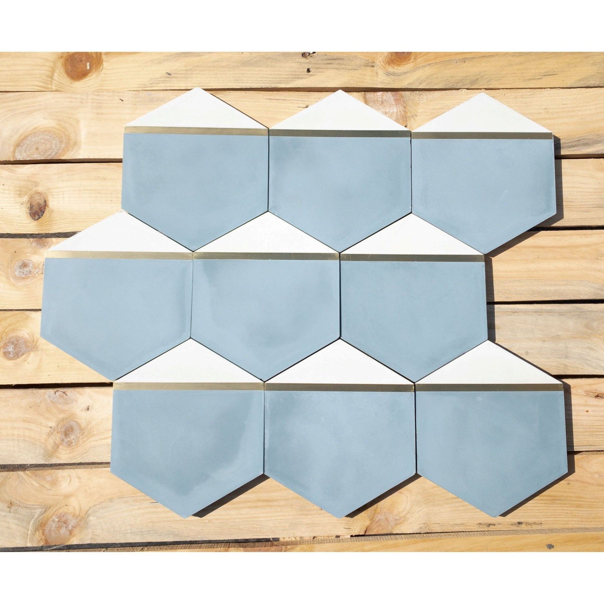 Pocket Square® Denim Blue Hexagon Cement Tile with Brass Inlay - Cemento Collection