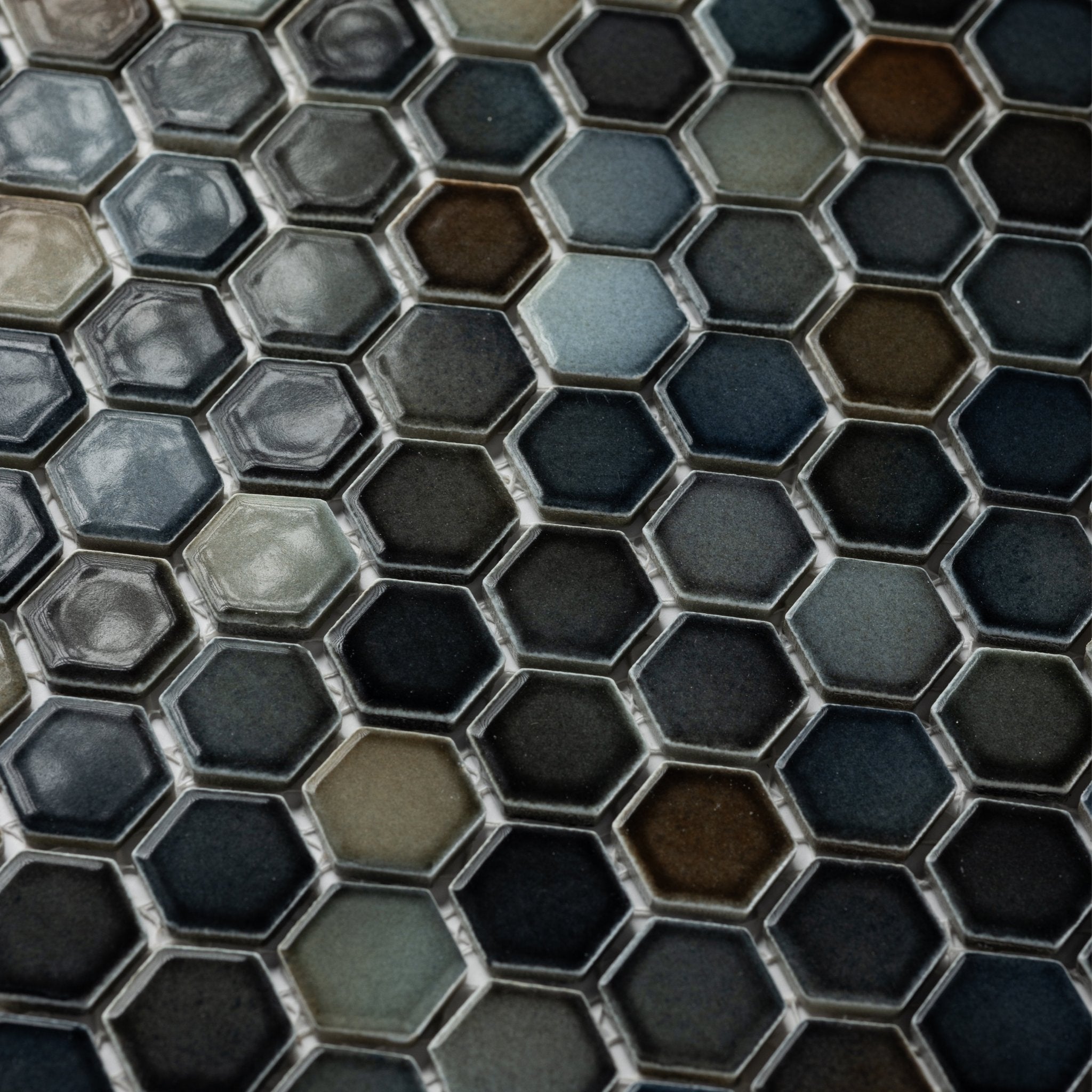 1" Midnight Slate Mix Glossy Hexagon Mosaic Tile - Cemento Collection