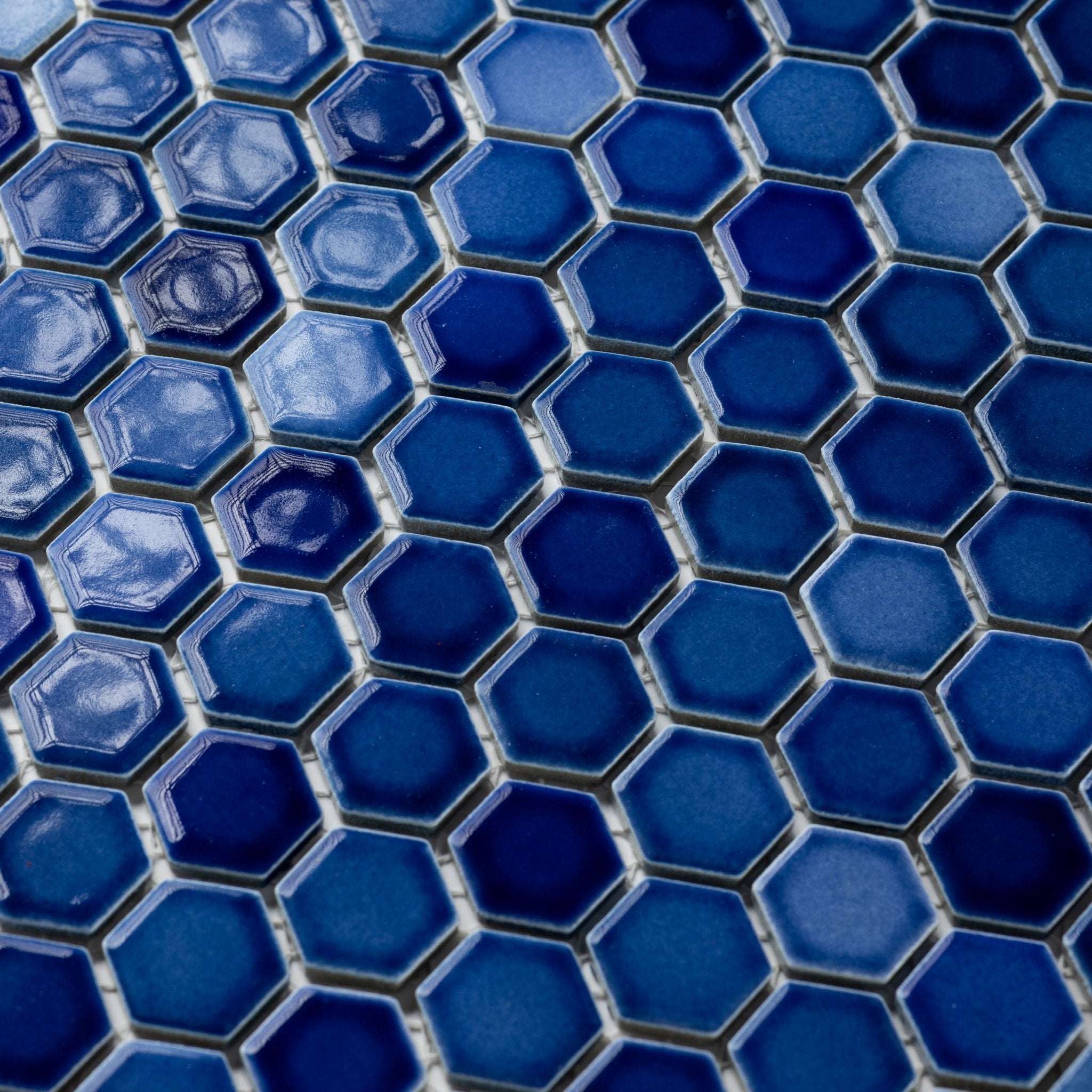 1" Rich Cobalt Blue Mix Glossy Hexagon Mosaic Tile - Cemento Collection