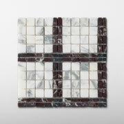 Elena-IV | Patina Marble Mosaic Tile (Arabescato Corchia, Rosso Levanto, Nero Dorato)
