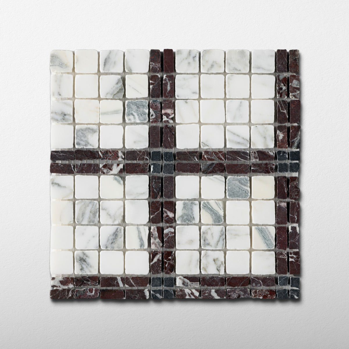 Elena-IV | Patina Marble Mosaic Tile (Arabescato Corchia, Rosso Levanto, Nero Dorato)