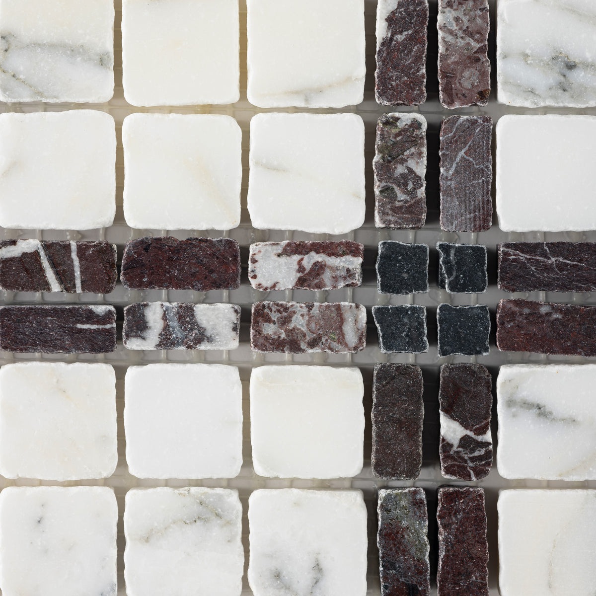 Elena-IV | Patina Marble Mosaic Tile (Arabescato Corchia, Rosso Levanto, Nero Dorato)