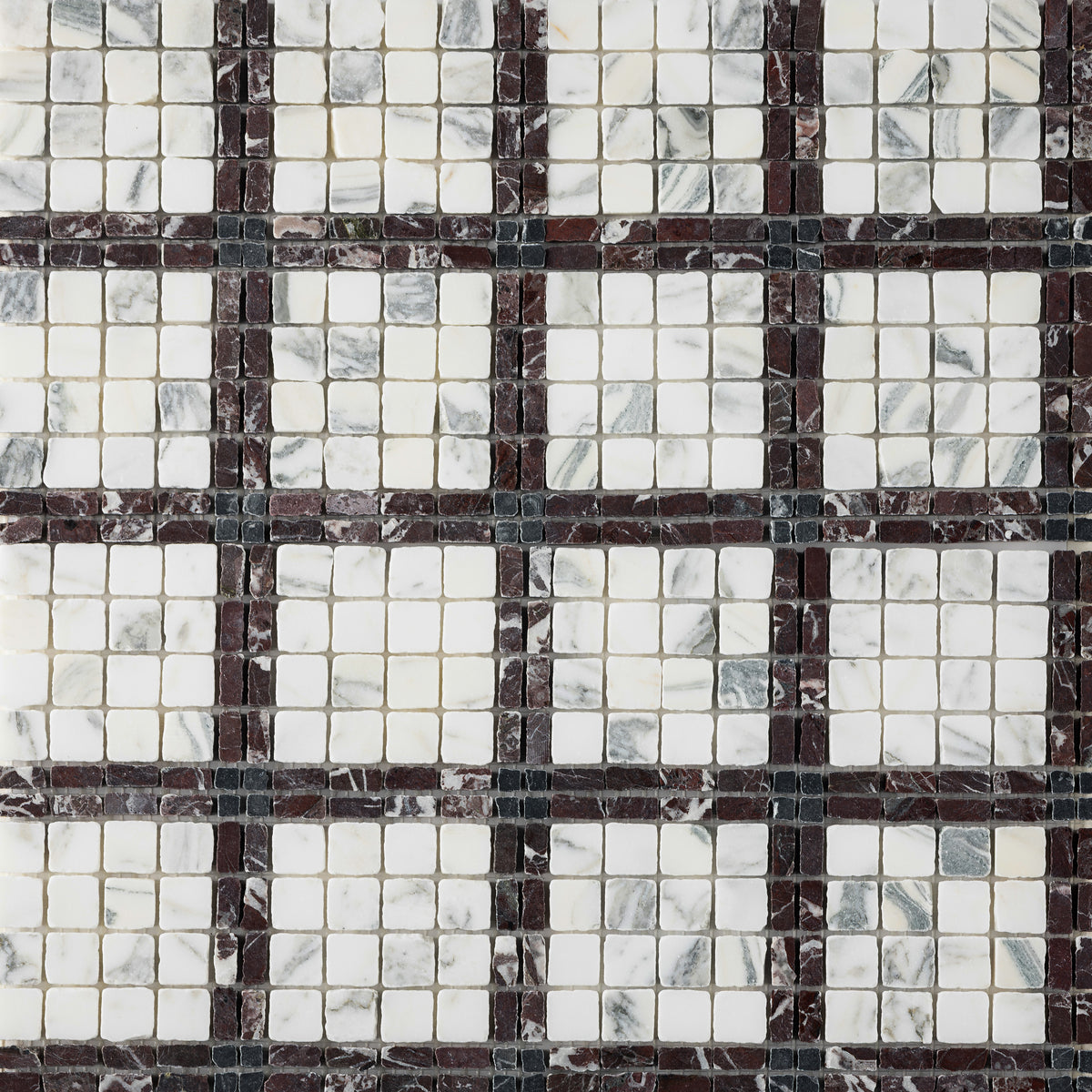 Elena-IV | Patina Marble Mosaic Tile (Arabescato Corchia, Rosso Levanto, Nero Dorato)