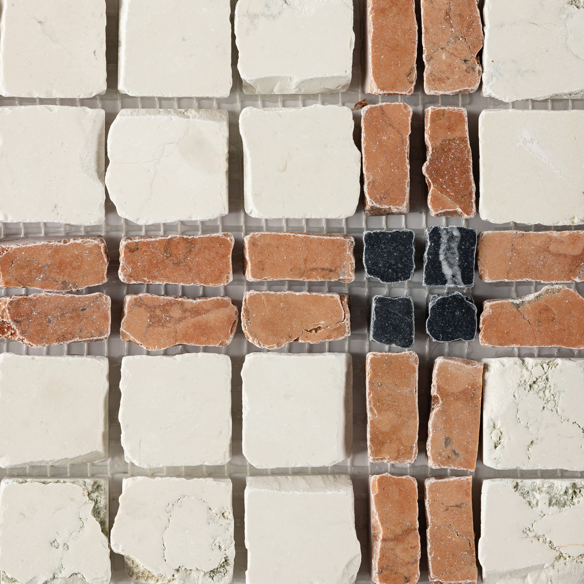 Elena-V | Patina Marble Mosaic Tile (Bianco Perlino, Rosso Verona, Nero Dorato)