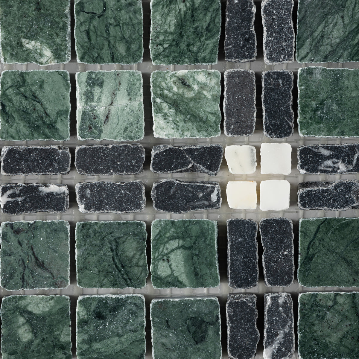 Elena-VI | Patina Marble Mosaic Tile (Verde Alpi, Nero Marquina, Arabescato Corchia)