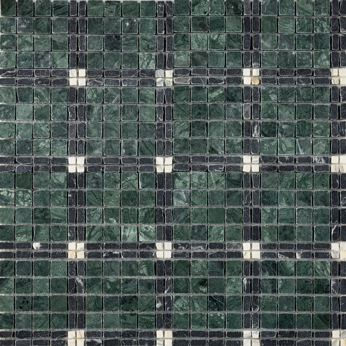 Elena-VI | Patina Marble Mosaic Tile (Verde Alpi, Nero Marquina, Arabescato Corchia)