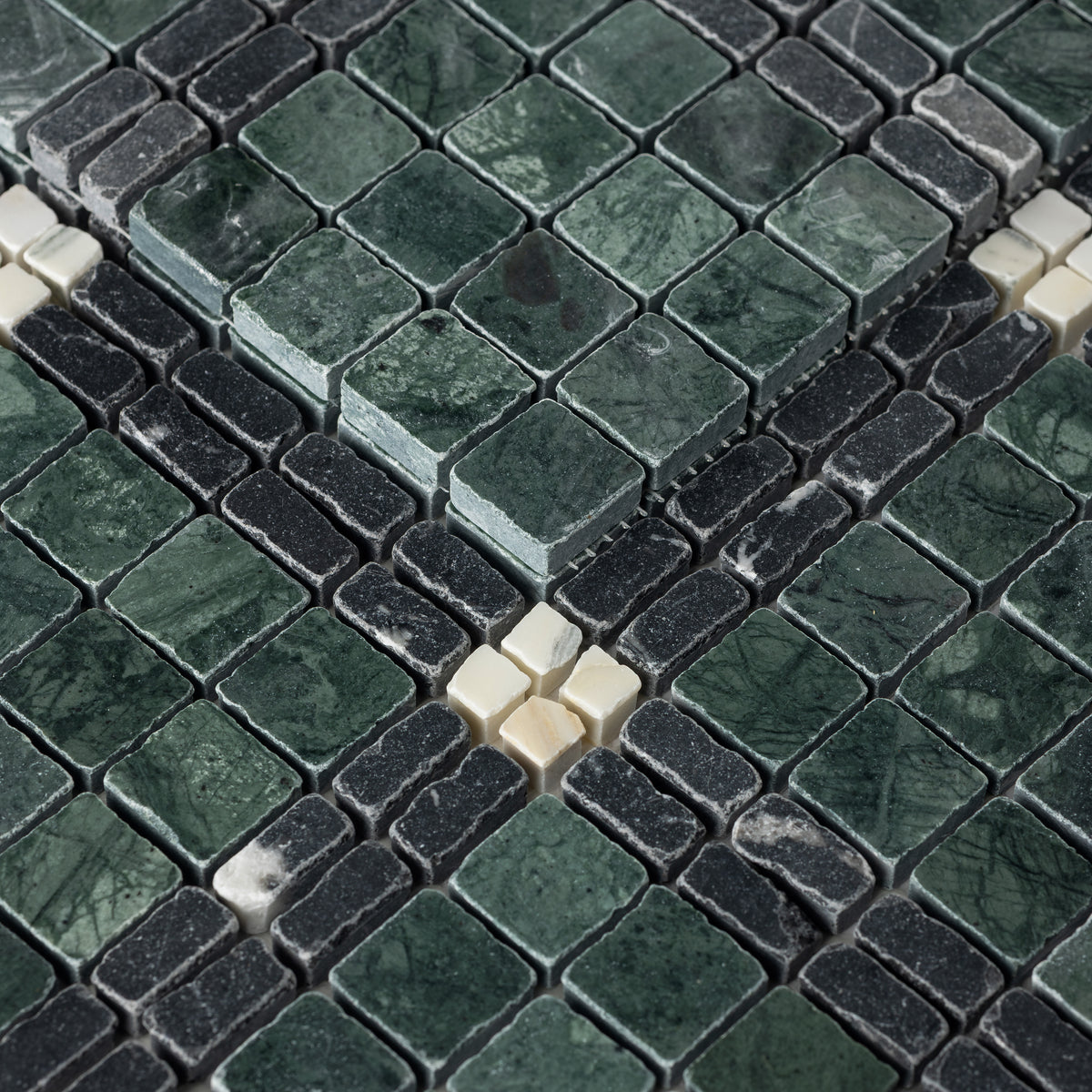 Elena-VI | Patina Marble Mosaic Tile (Verde Alpi, Nero Marquina, Arabescato Corchia)
