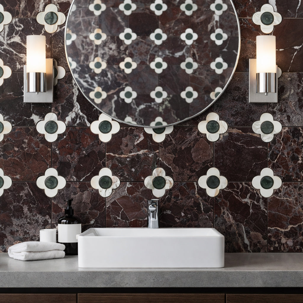 Octagon with Flower | Rosso Levanto Viola Verde Alpi Tile