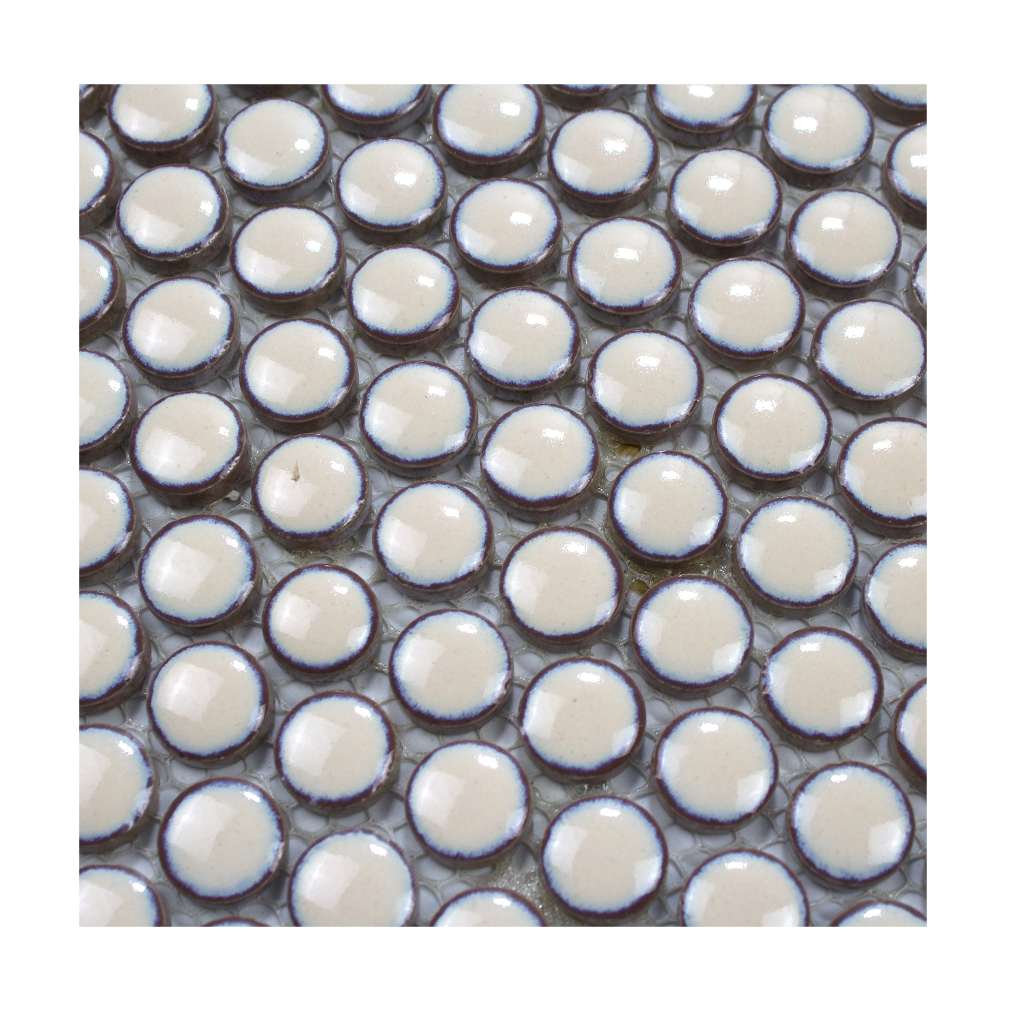 Off White with Brown Border Glossy Penny Round Mosaic Tile - Lot of 79.2 Sq ft