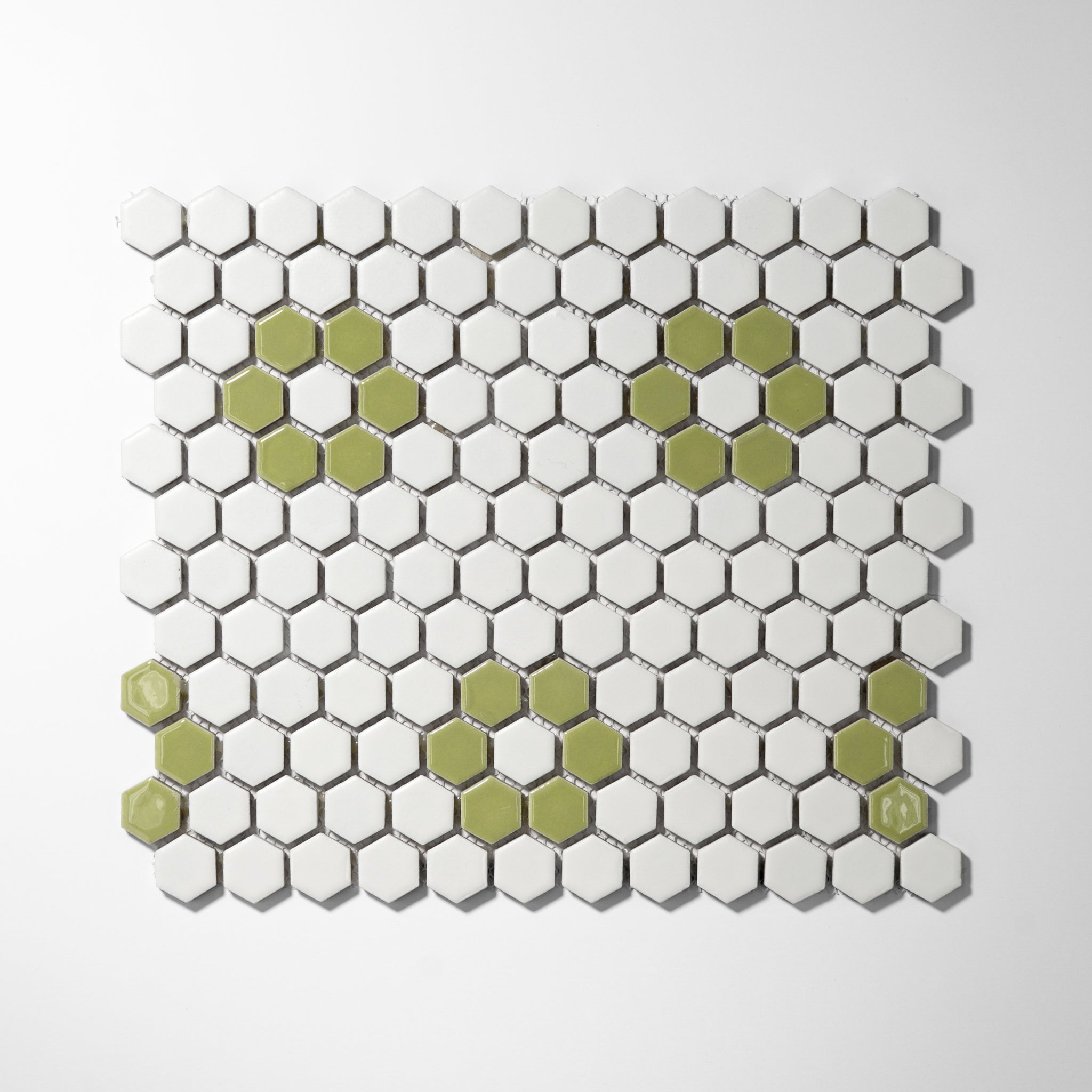 Metro Hex Matte White with Glossy Green Flower Porcelain Mosaic Tile