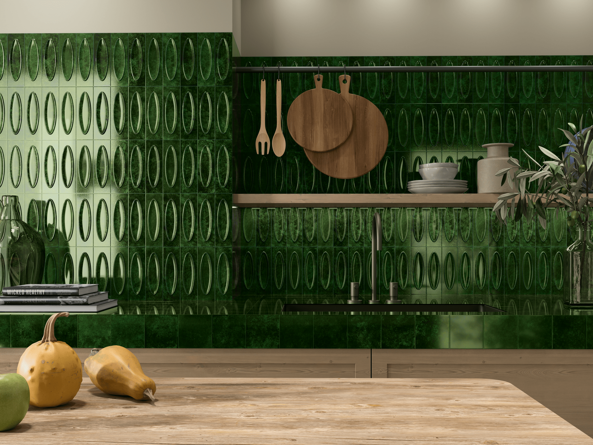 Bubble 2.5x8 Brick Alpine Green Ceramic Tiles - Cemento Collection