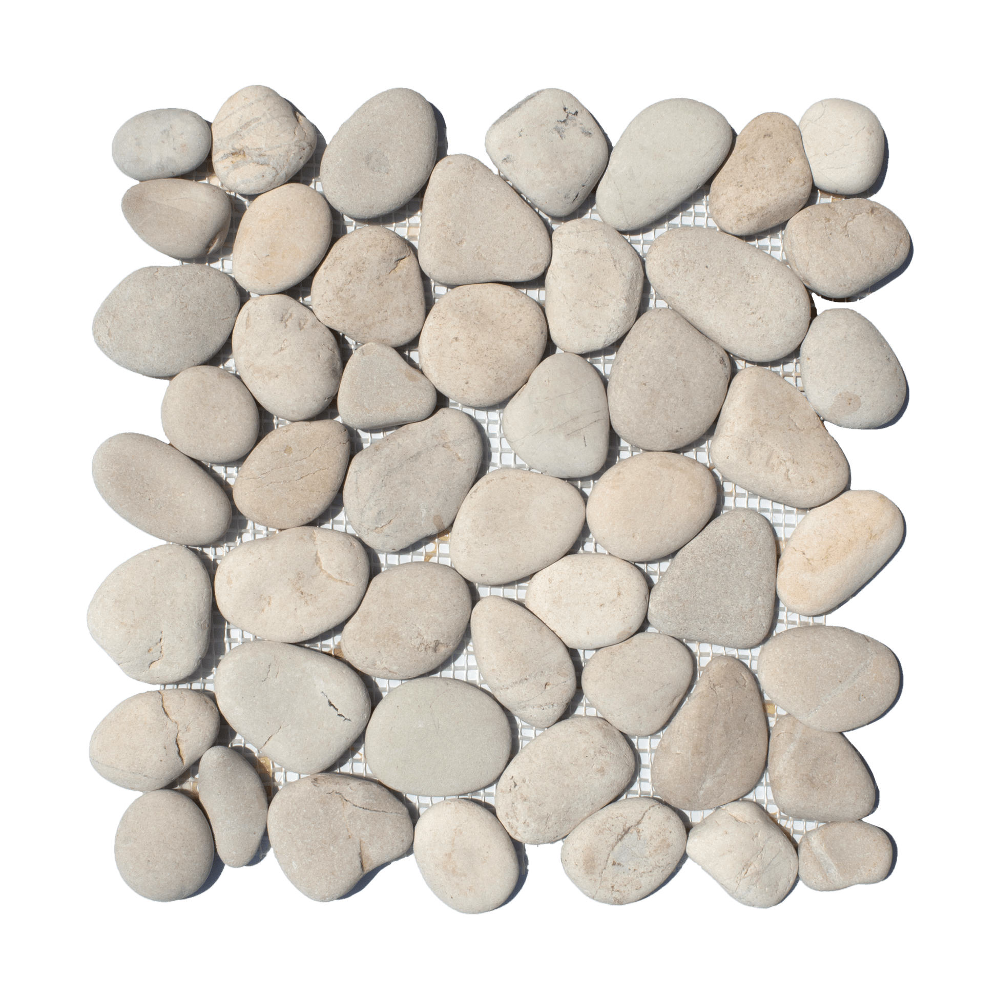 Cotton White Random Size Polished Pebble Stone Mosaic - Lot of 88 Sq ft - Cemento Collection