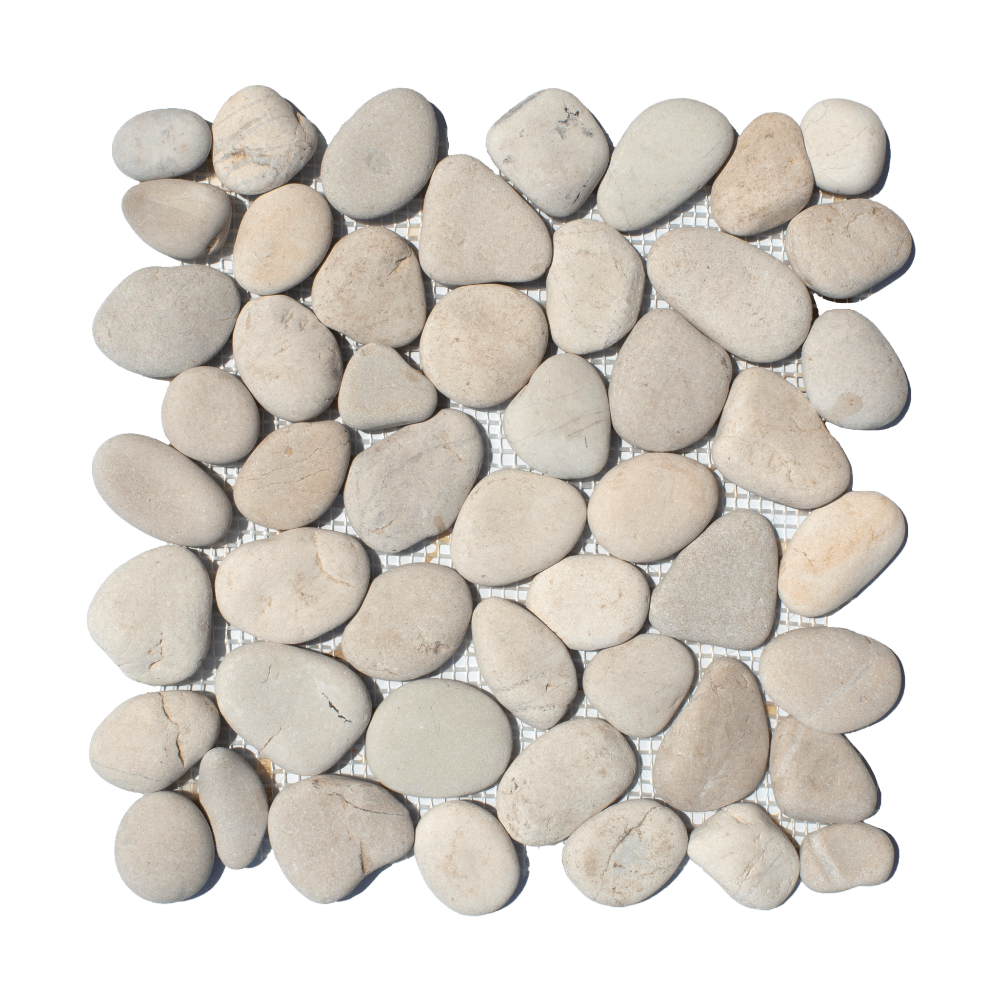 Cotton White Random Size Polished Pebble Stone Mosaic - Lot of 88 Sq ft - Cemento Collection