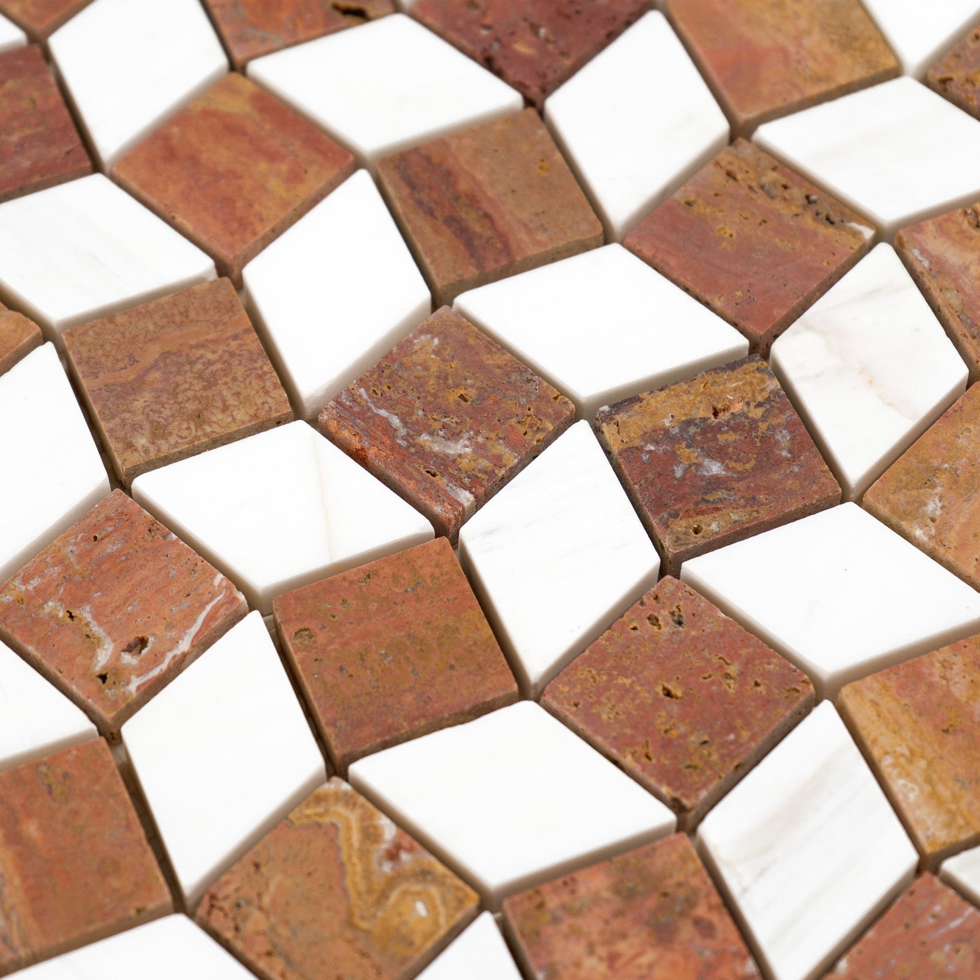 Dizzy Red Travertine with Dolomite Marble Honed Mosaic Tile - Cemento Collection