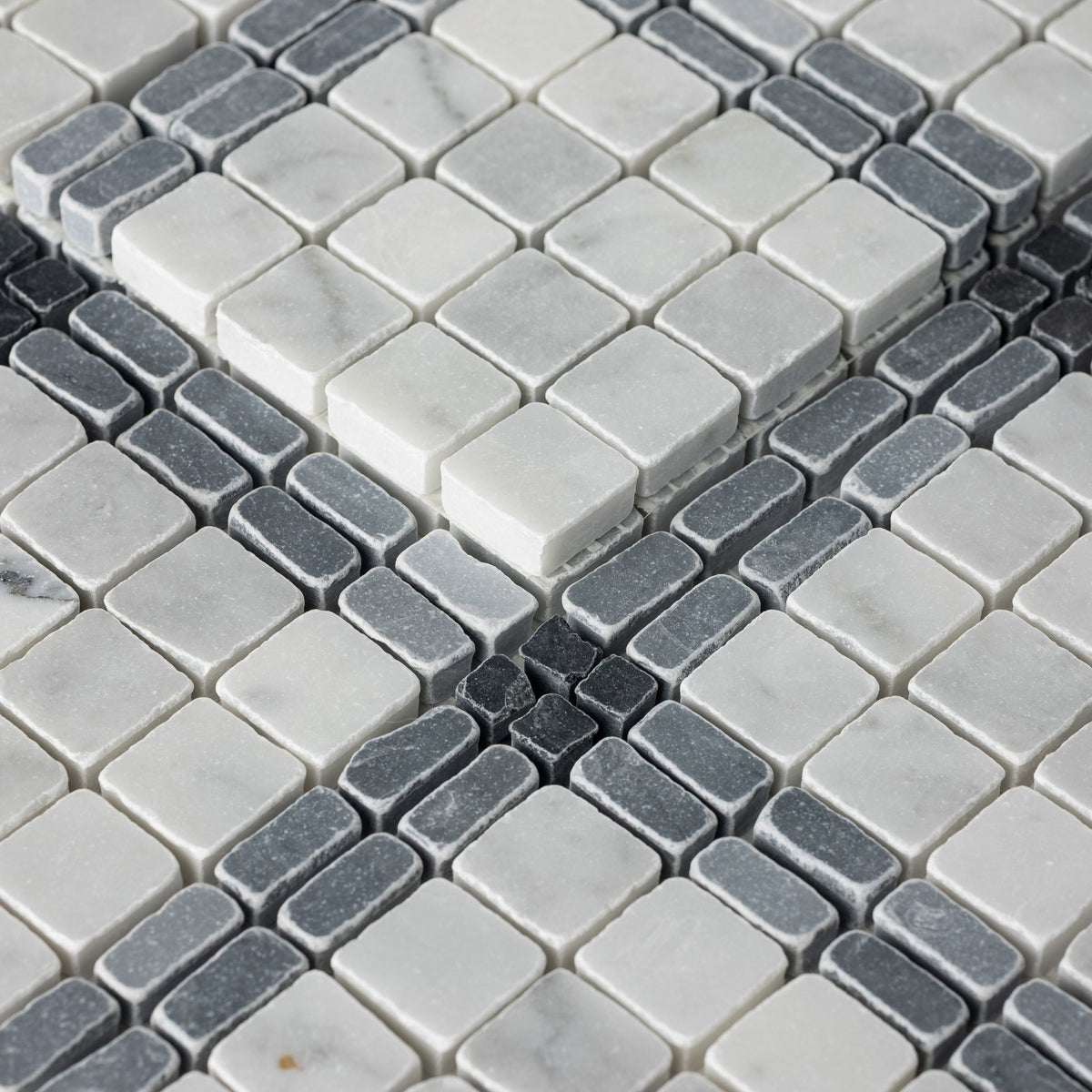 Elena-III | Patina Marble Mosaic Tile (Bianco Carrara, Bardiglio Scuro, Nero Marquina) - Cemento Collection