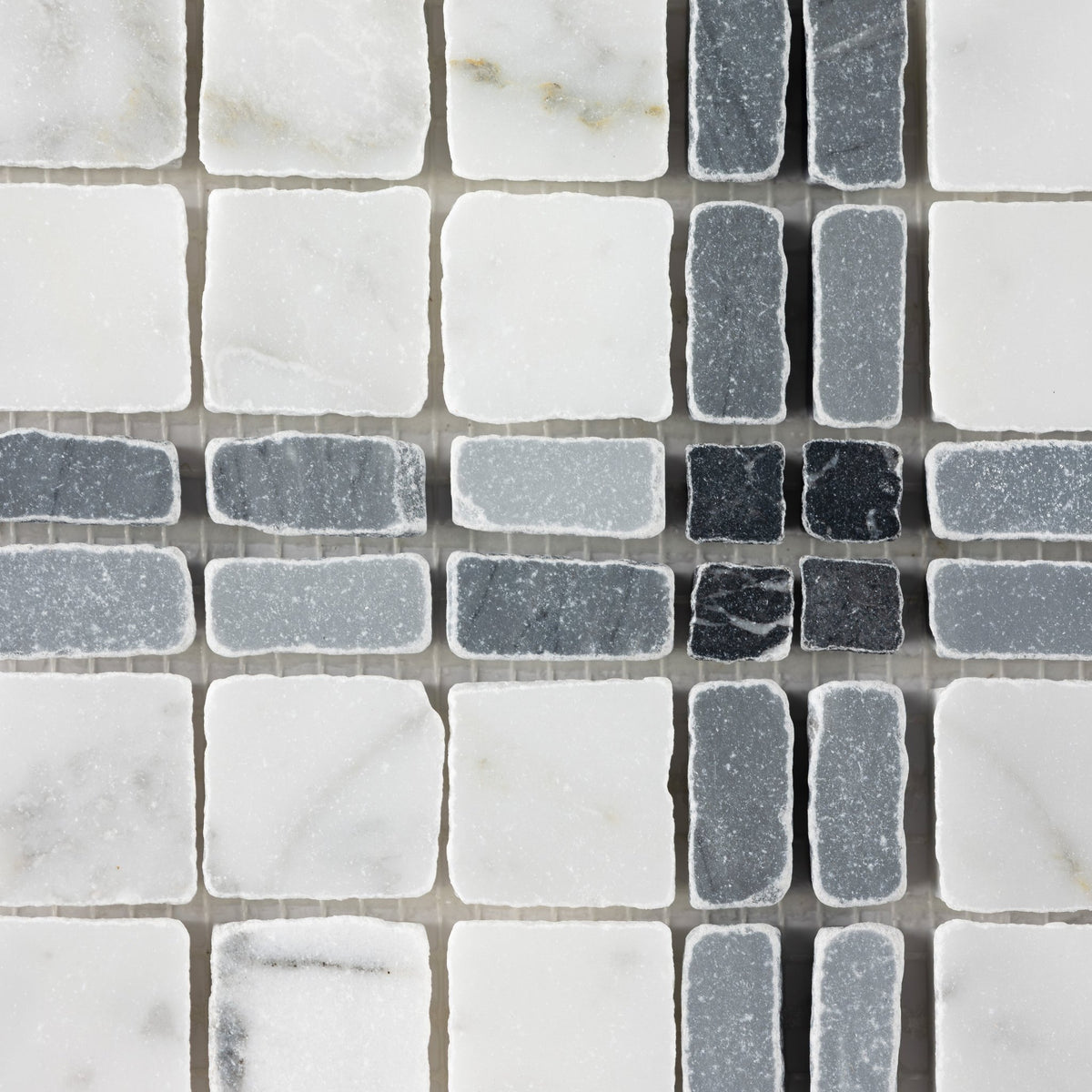 Elena-III | Patina Marble Mosaic Tile (Bianco Carrara, Bardiglio Scuro, Nero Marquina) - Cemento Collection