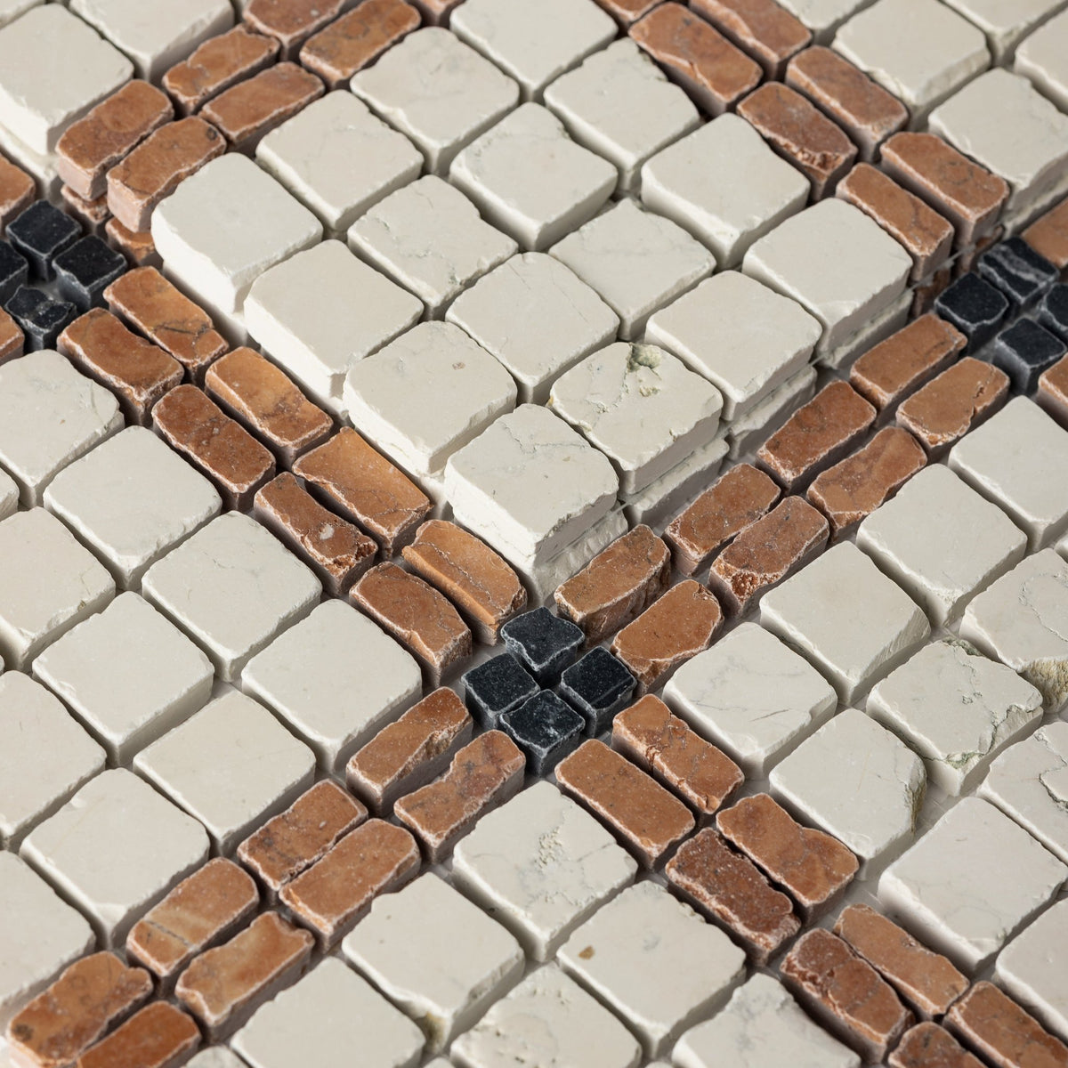 Elena-V | Patina Marble Mosaic Tile (Bianco Perlino, Rosso Verona, Nero Dorato) - Cemento Collection