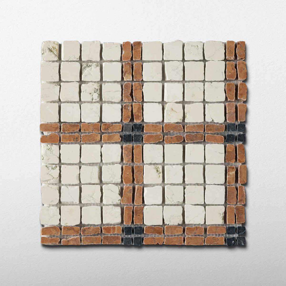Elena-V | Patina Marble Mosaic Tile (Bianco Perlino, Rosso Verona, Nero Dorato) - Cemento Collection