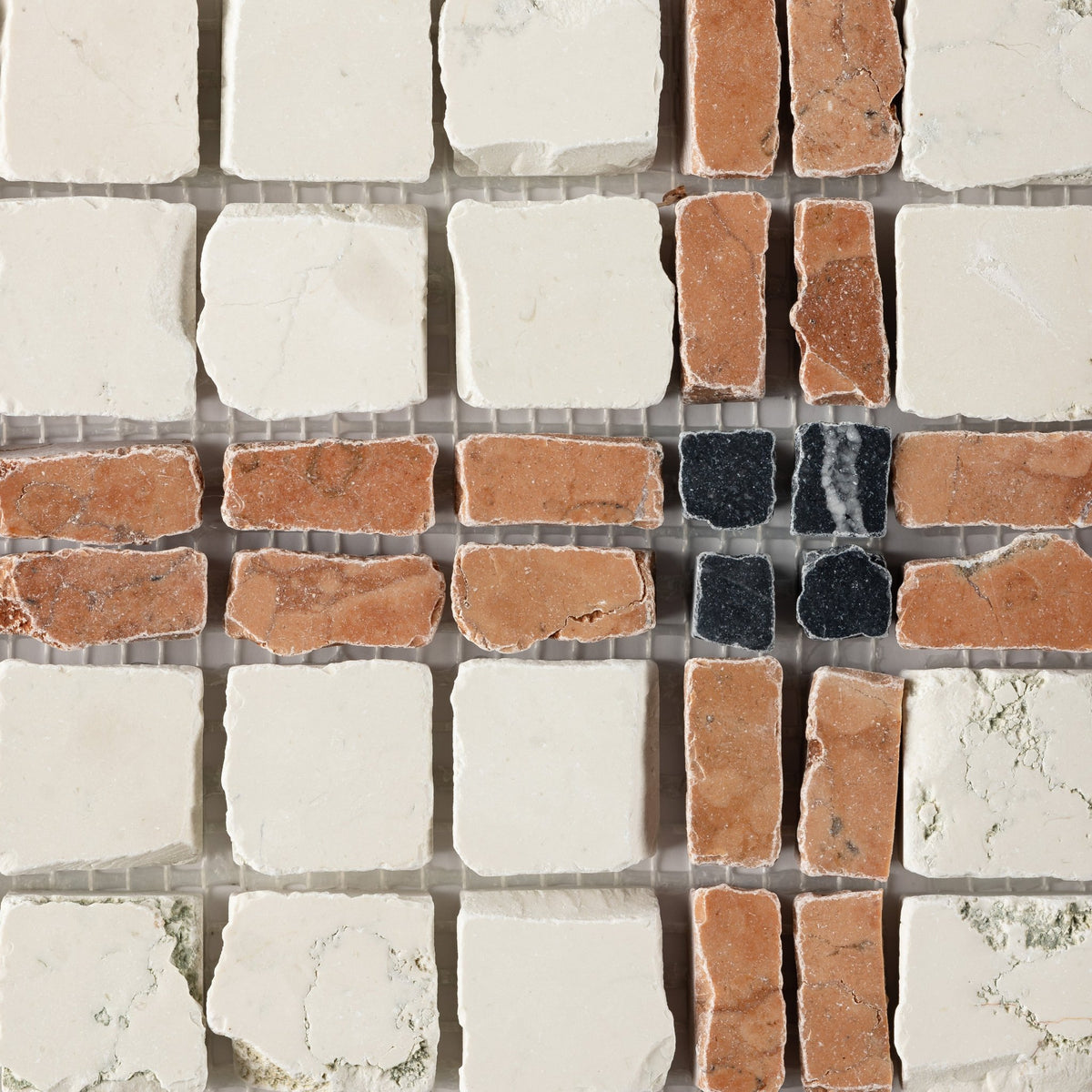 Elena-V | Patina Marble Mosaic Tile (Bianco Perlino, Rosso Verona, Nero Dorato) - Cemento Collection