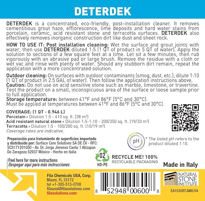 FILA Deterdek - Cementitious Grout Haze Remover - 1 Qt (410 sq.ft) - Cemento Collection