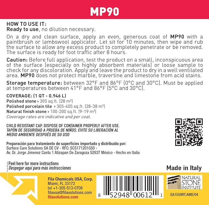 FILA MP90 - Natural Look Penetrating Sealer - 1 Qt (946 mL) = (up to 405 sq.ft.) - Cemento Collection