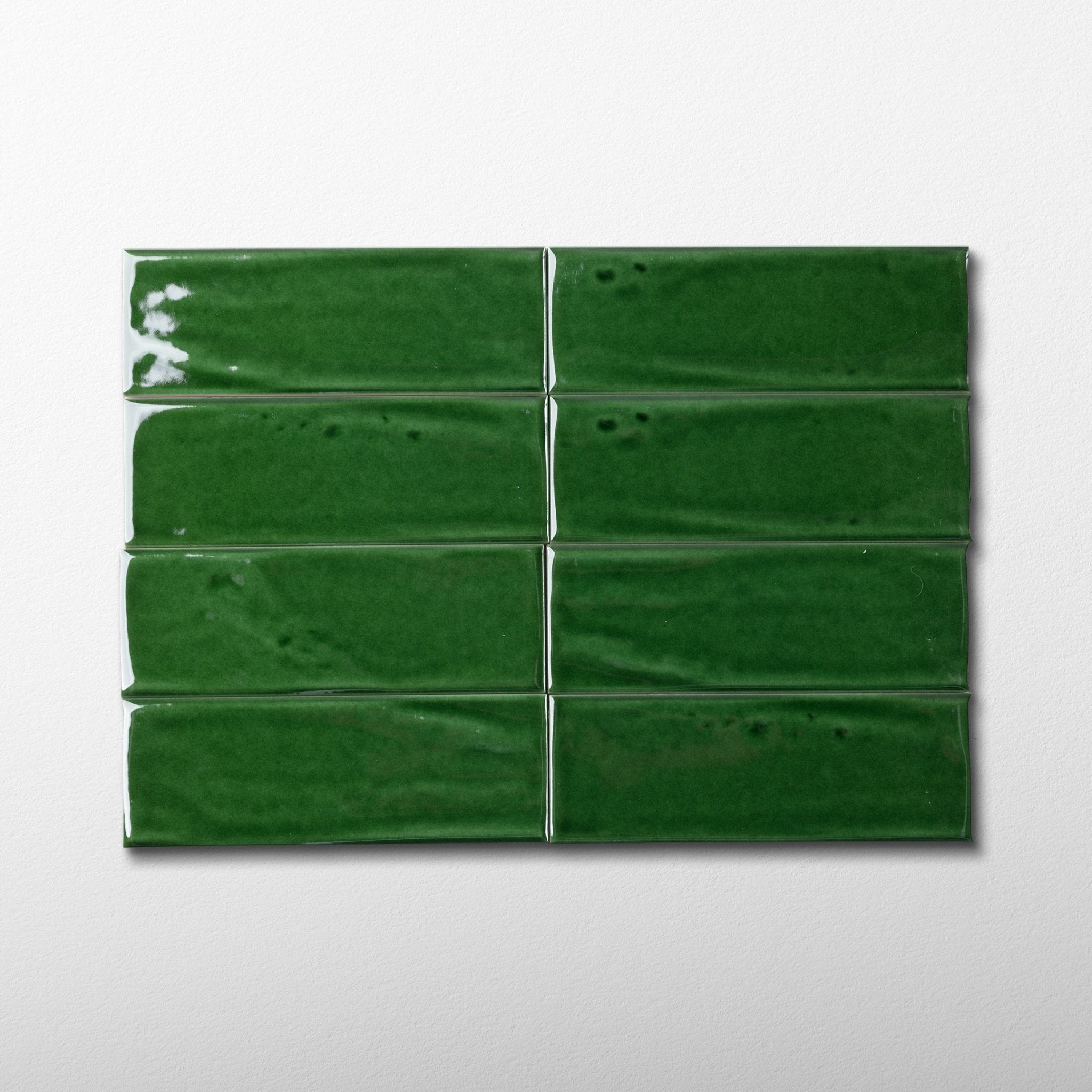 Handmade 3x8 Emerald Green Glossy Undulated Subway Tile | Cemento