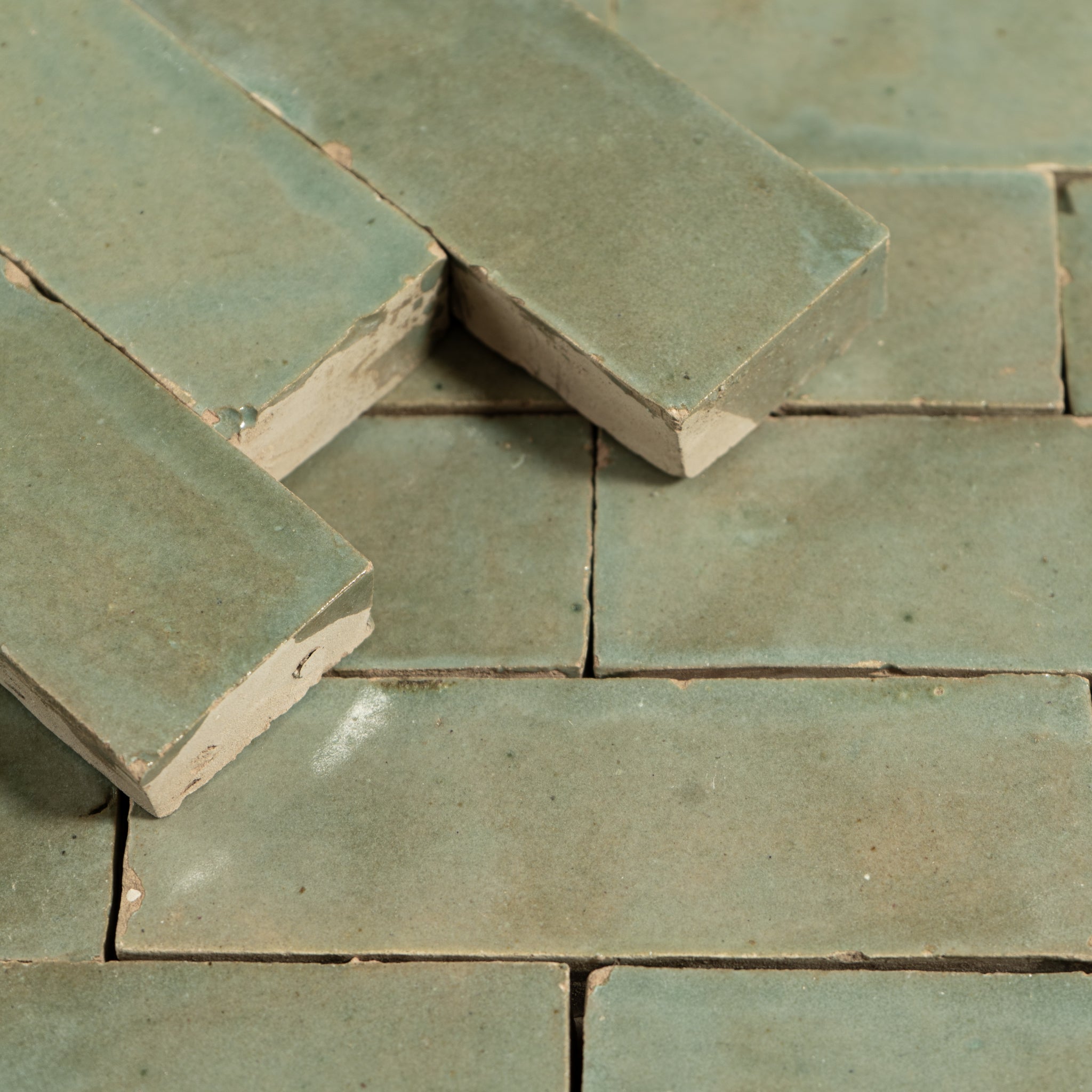 Handmade Moroccan Zellige 2x6 Asparagus Green Bejmat Terracotta