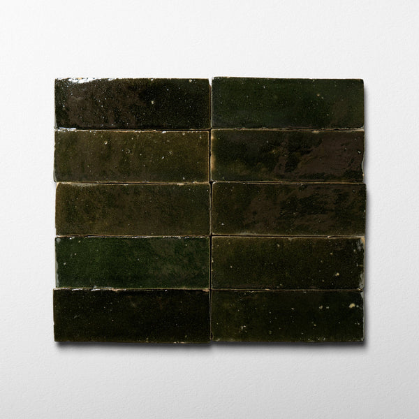 Handmade Moroccan Zellige 2x6 Kalamata Green Bejmat Terracotta