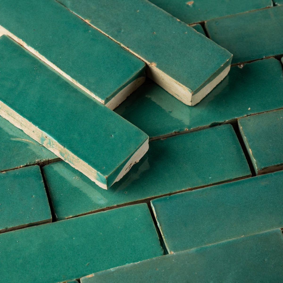 Handmade Moroccan Zellige 2x6 Santorini Green Bejmat Terracotta Tile - Cemento Collection