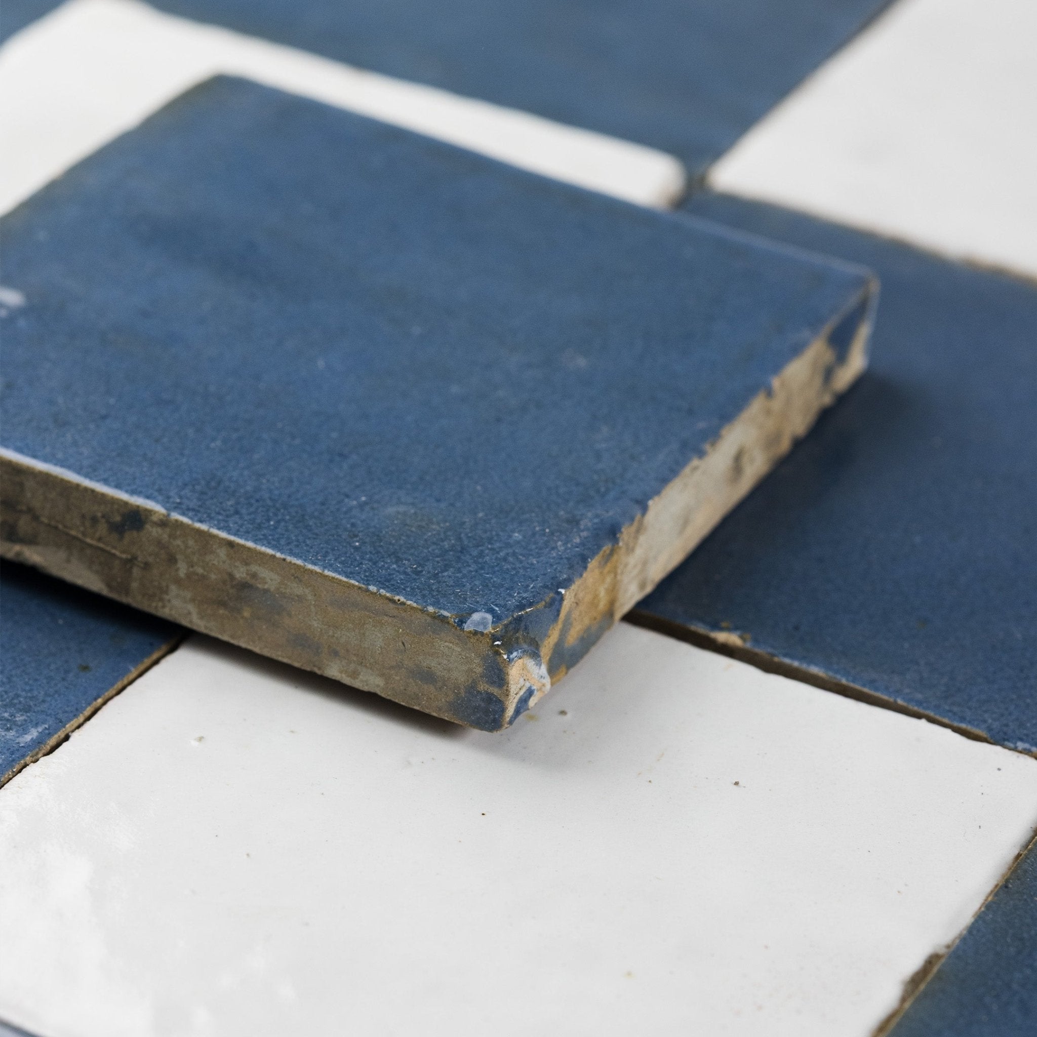 Handmade Moroccan Zellige Off White & Indigo Blue | 5x5 Checker Mosaic Loose Tile - Cemento Collection