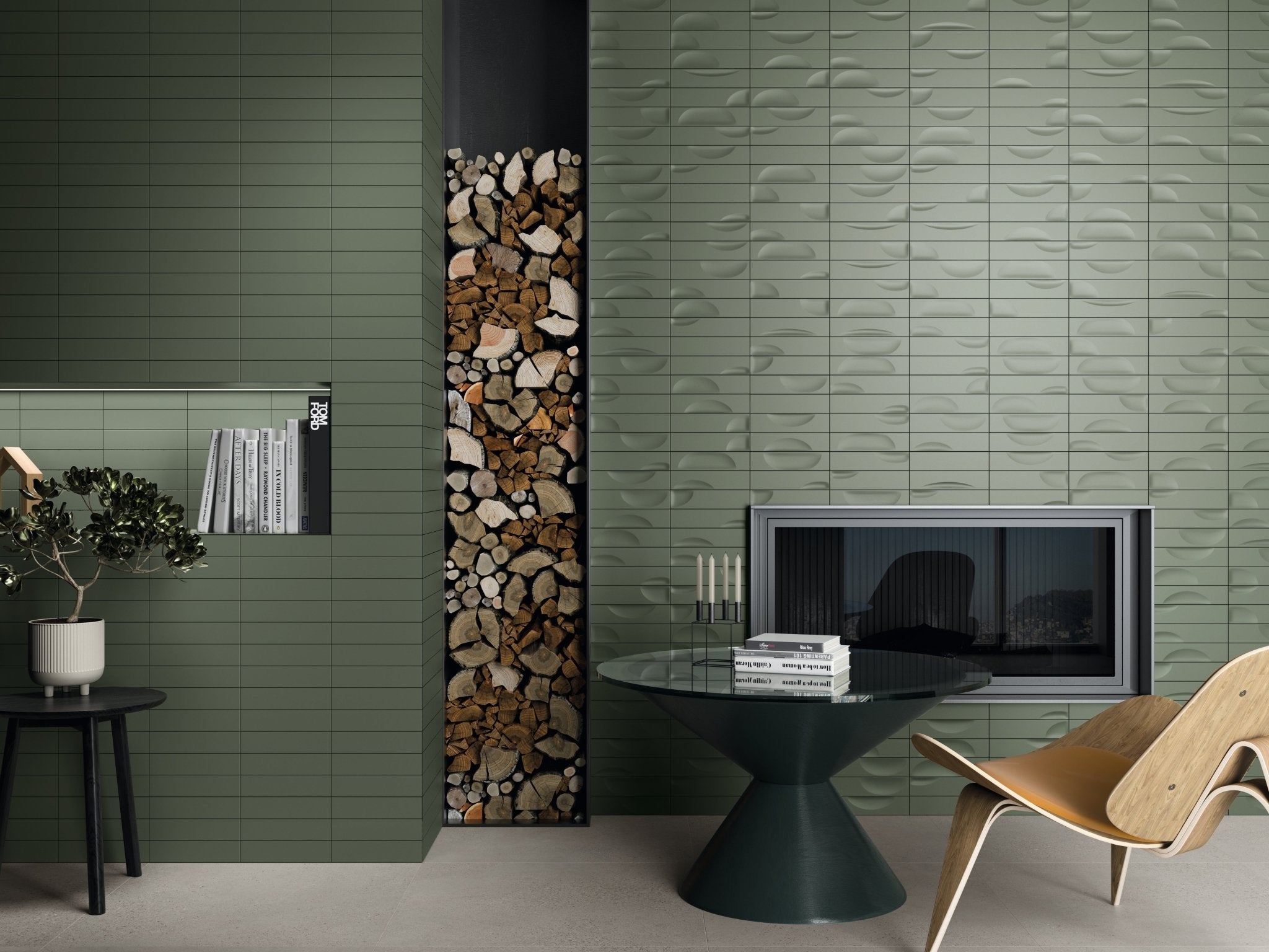 Hoop Straight 2.5x10 Silence Green Ceramic Tile - Cemento Collection