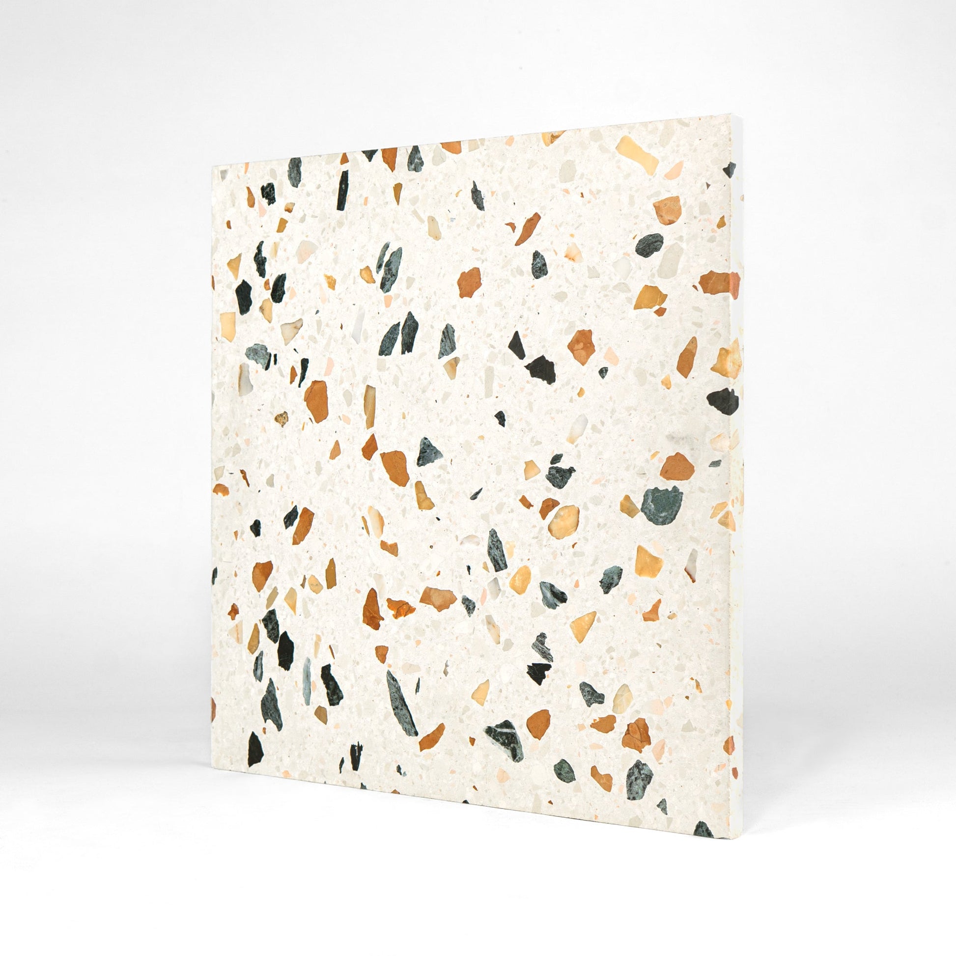 tan, orange, green terrazzo tile 